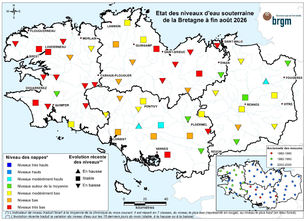 Etat des nappes d'eau souterraine de la Bretagne à fin août 2026