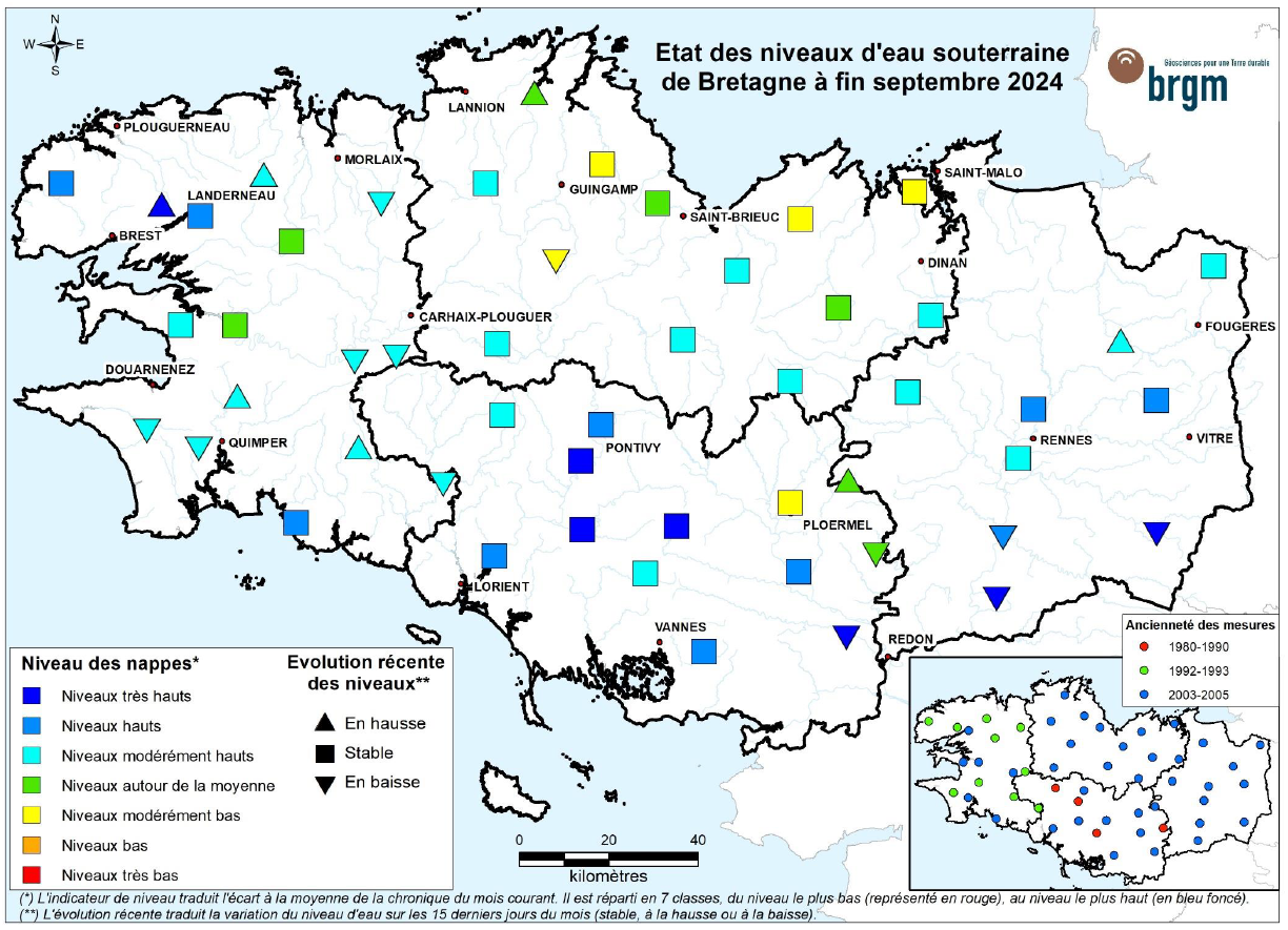 Etat des nappes d'eau souterraine de la Bretagne à fin mai 2024