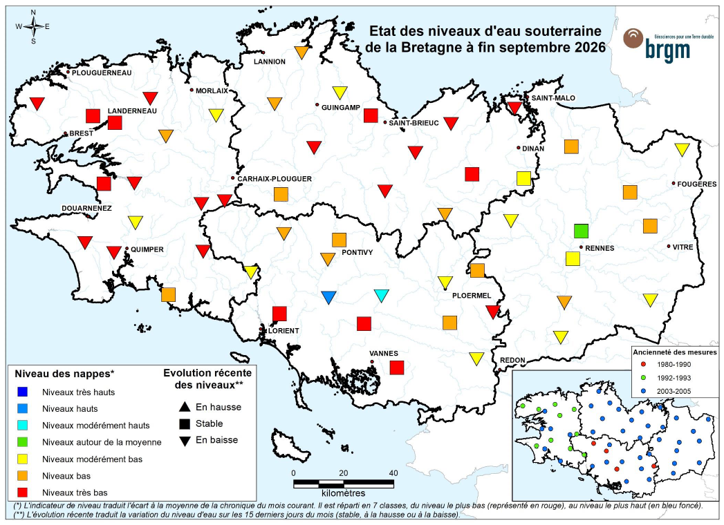 Etat des nappes d'eau souterraine de la Bretagne à fin septembre 2026