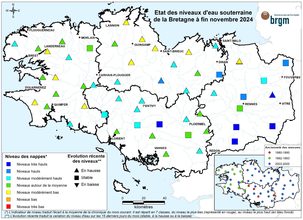 Etat des nappes d'eau souterraine de la Bretagne à fin novembre 2024