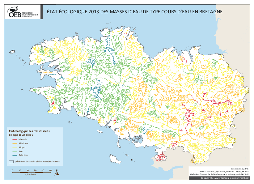 État écologique 2013 des eaux de surface de type cours d'eau - Sous-bassin Vilaine et côtiers bretons