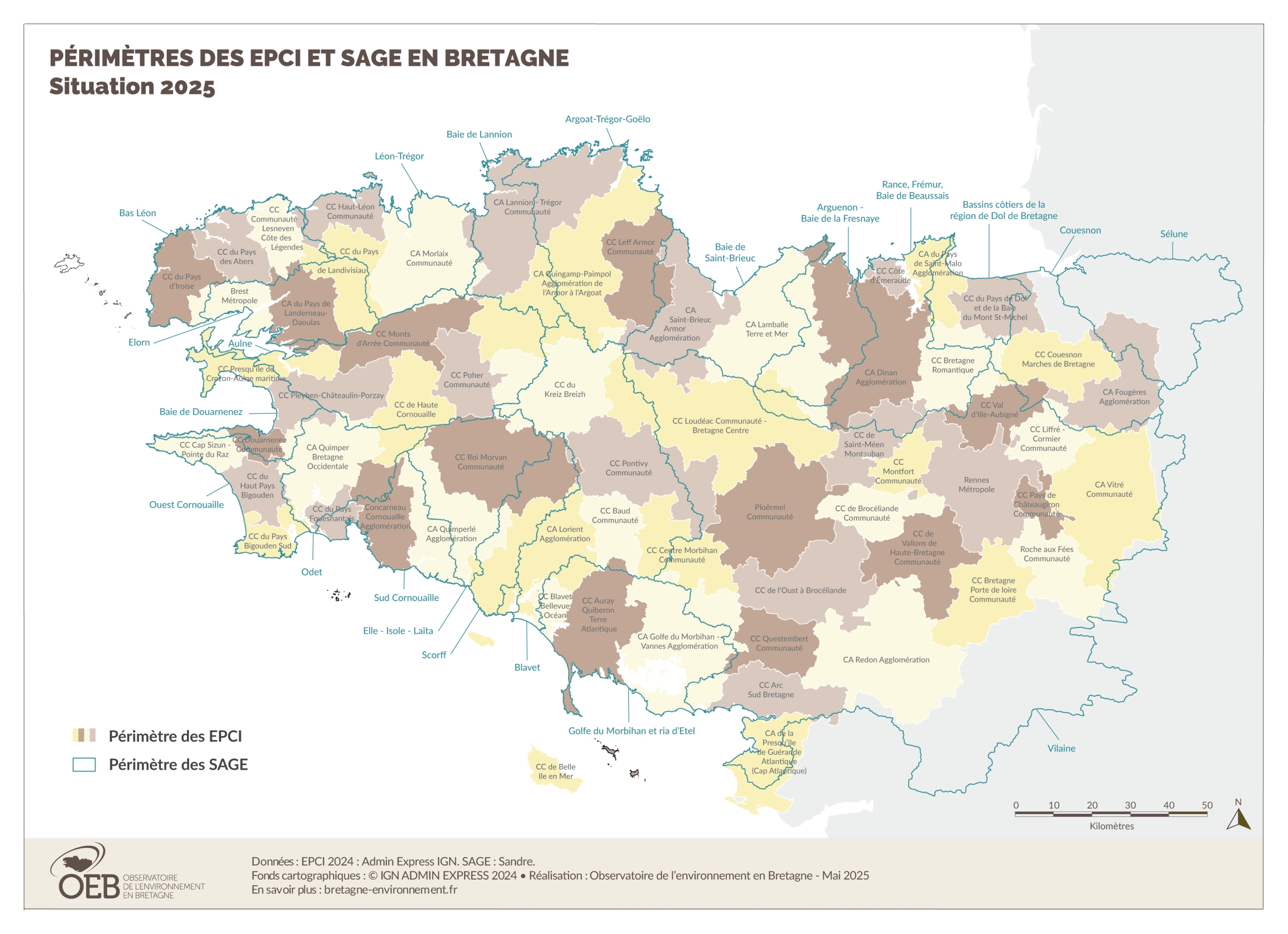 Périmètre des EPCI et SAGE en Bretagne - Situation 2025
