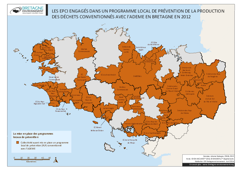 EPCI engagés dans un programme local de prévention conventionné avec l'Ademe en Bretagne en 2012