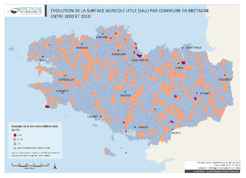 Evolution de la SAU entre 2000 et 2010 en Bretagne