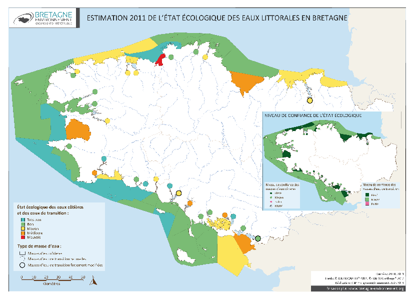 État écologique 2011 des eaux de surface de type eaux littorales - Région Bretagne