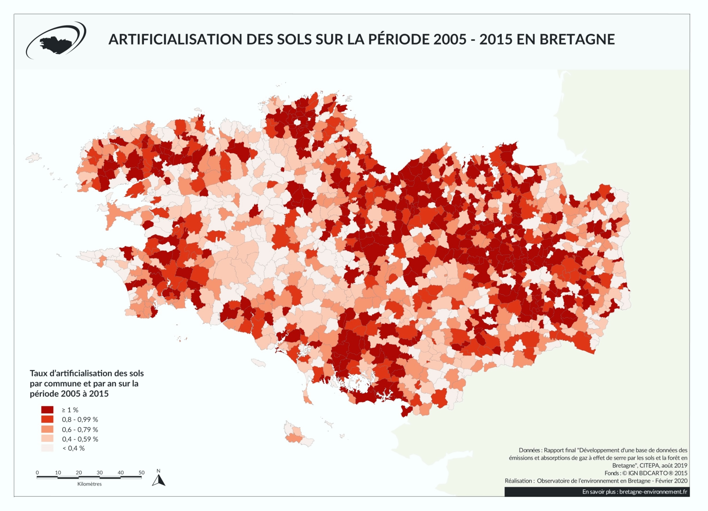 Artificialisation des sols sur la période 2005 - 2015 en Bretagne