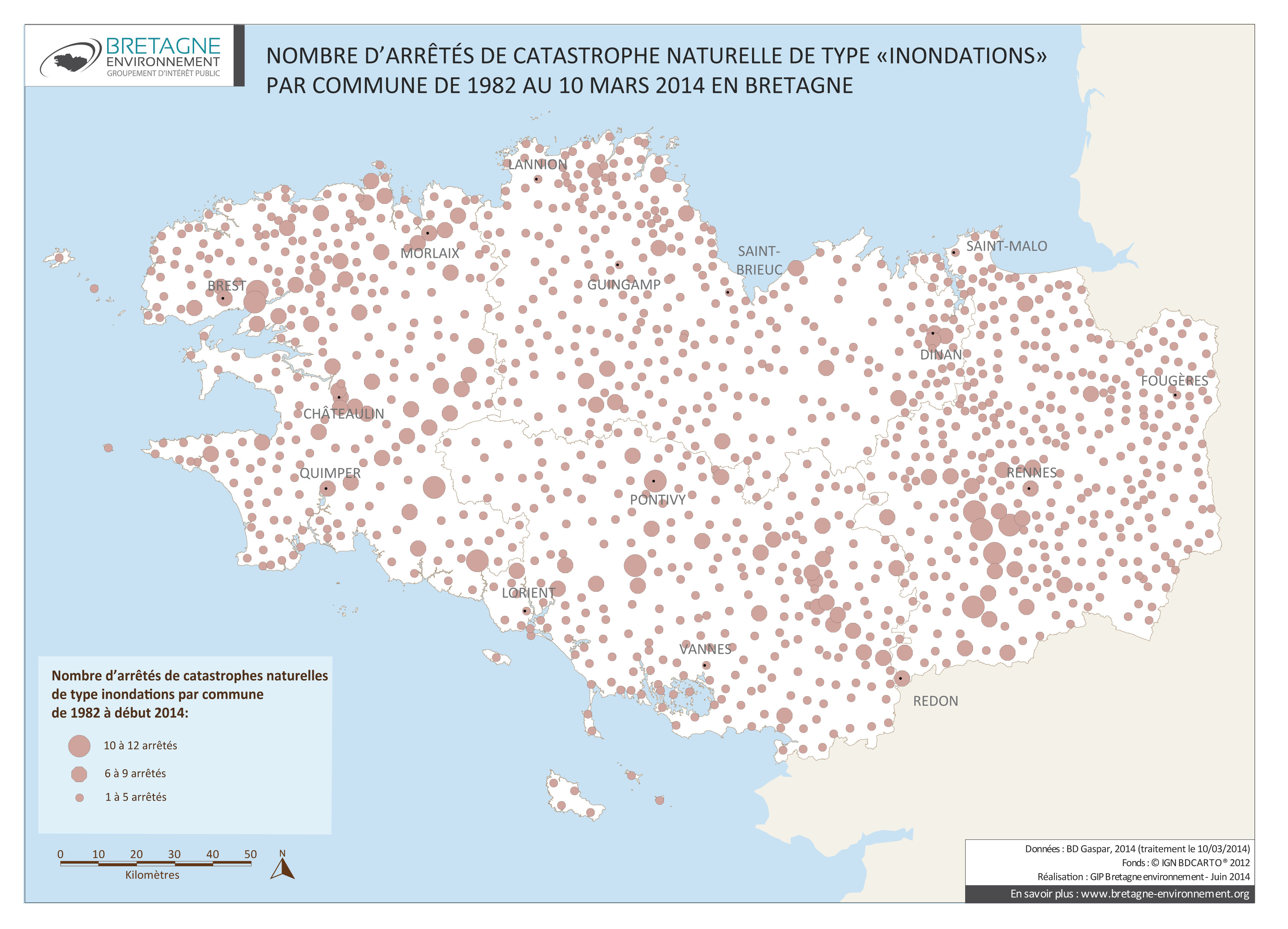 Nombre d'arrêtés de catastrophe naturelle de type action des vagues de 1982 à 2014 Nombre d'arrêtés de catastrophe naturelle de type action des vagues de 1982 à 2014