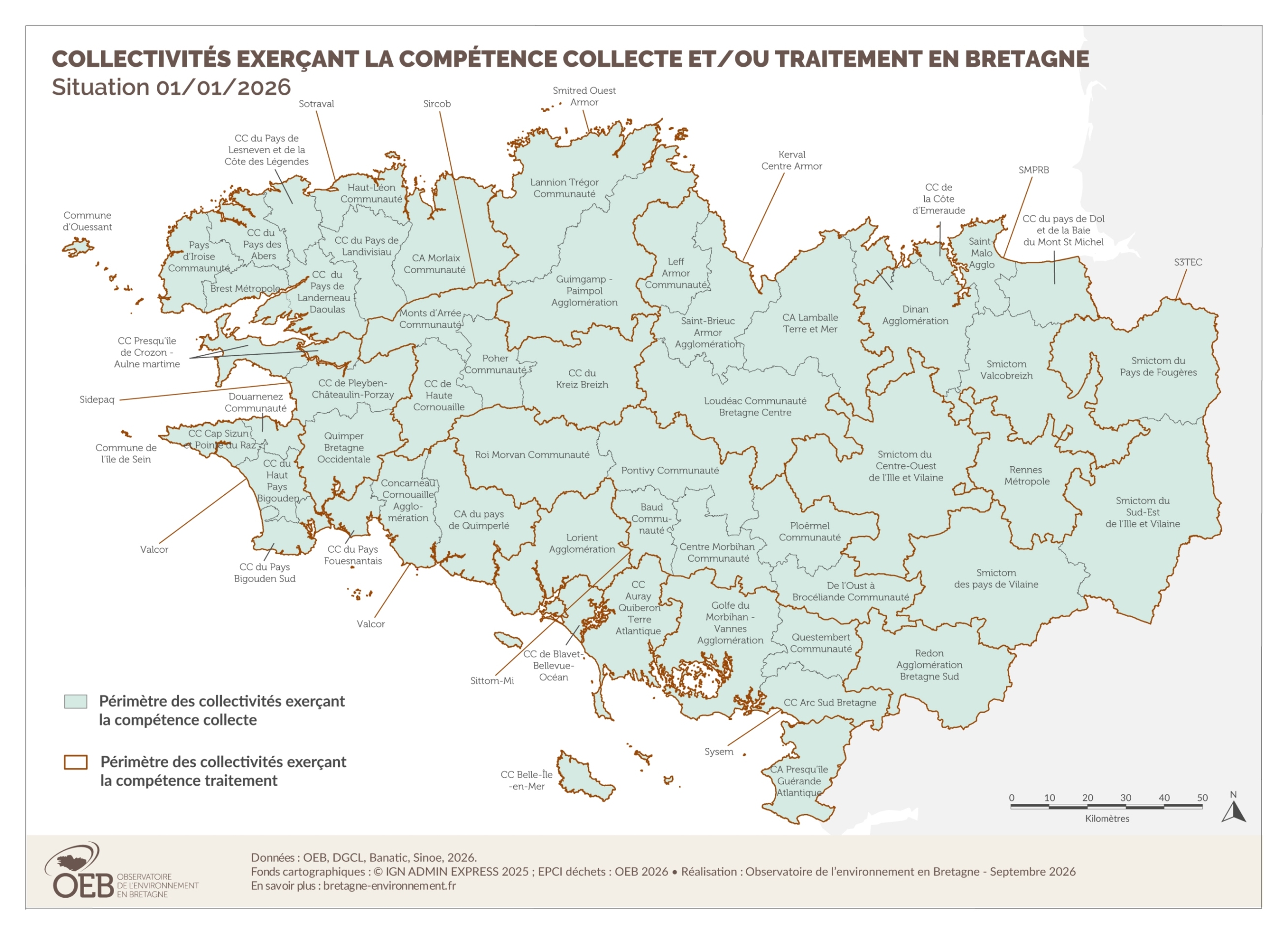 Collectivités exerçant la compétence collecte et/ou traitement - Situation 01/01/2026