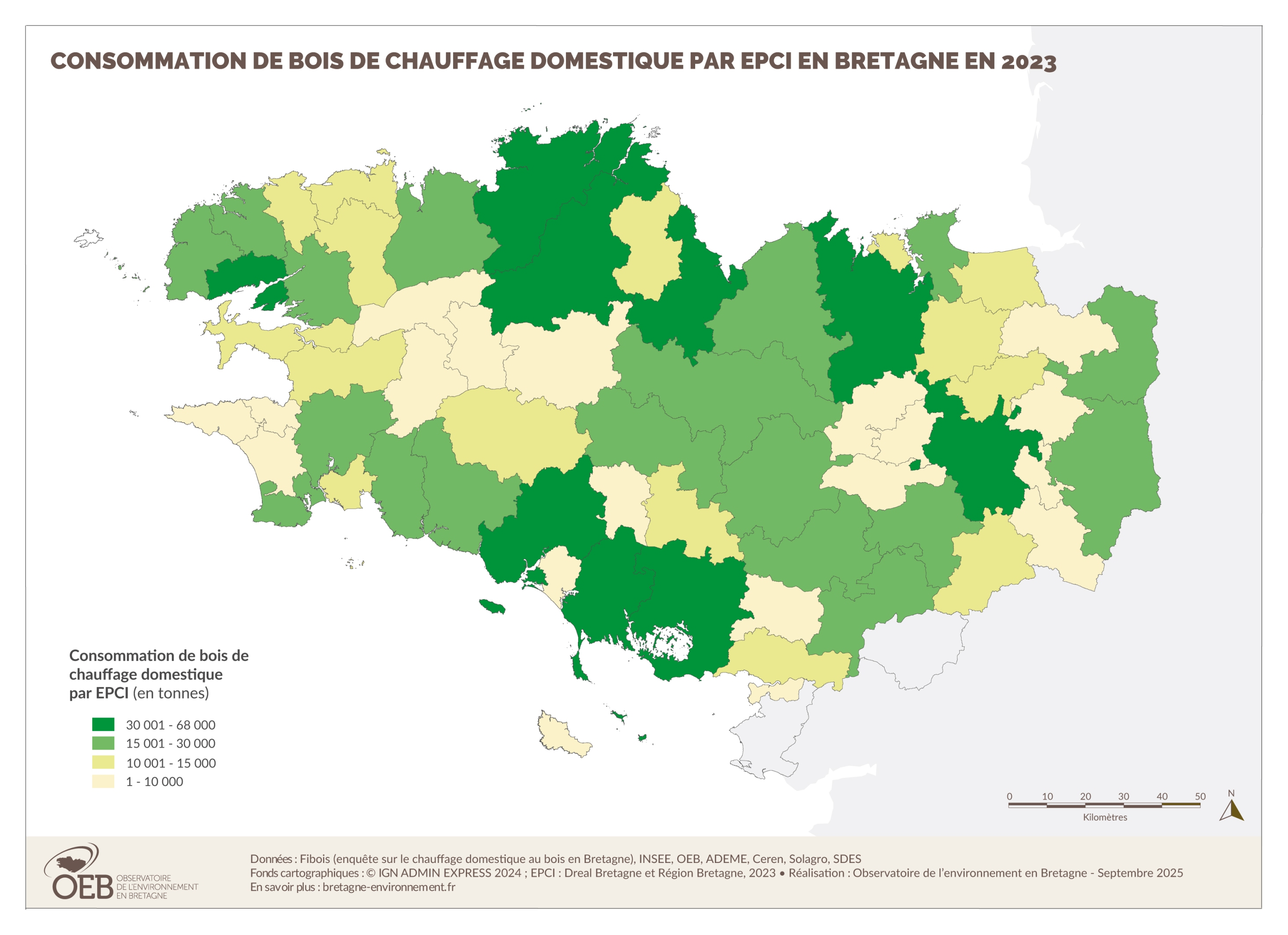 Consommation de bois de chauffage domestique par EPCI en Bretagne en 2023