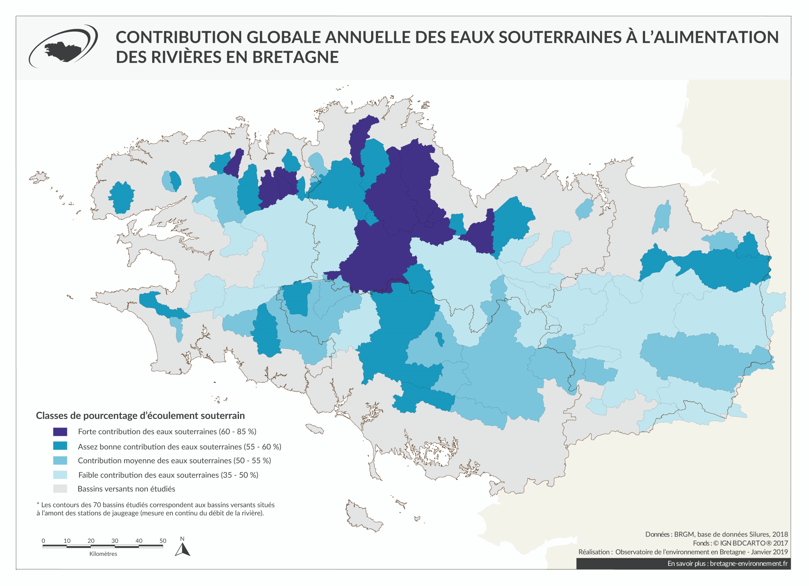 Contribution globale annuelle des eaux souterraines à l'alimentation des rivières bretonnes