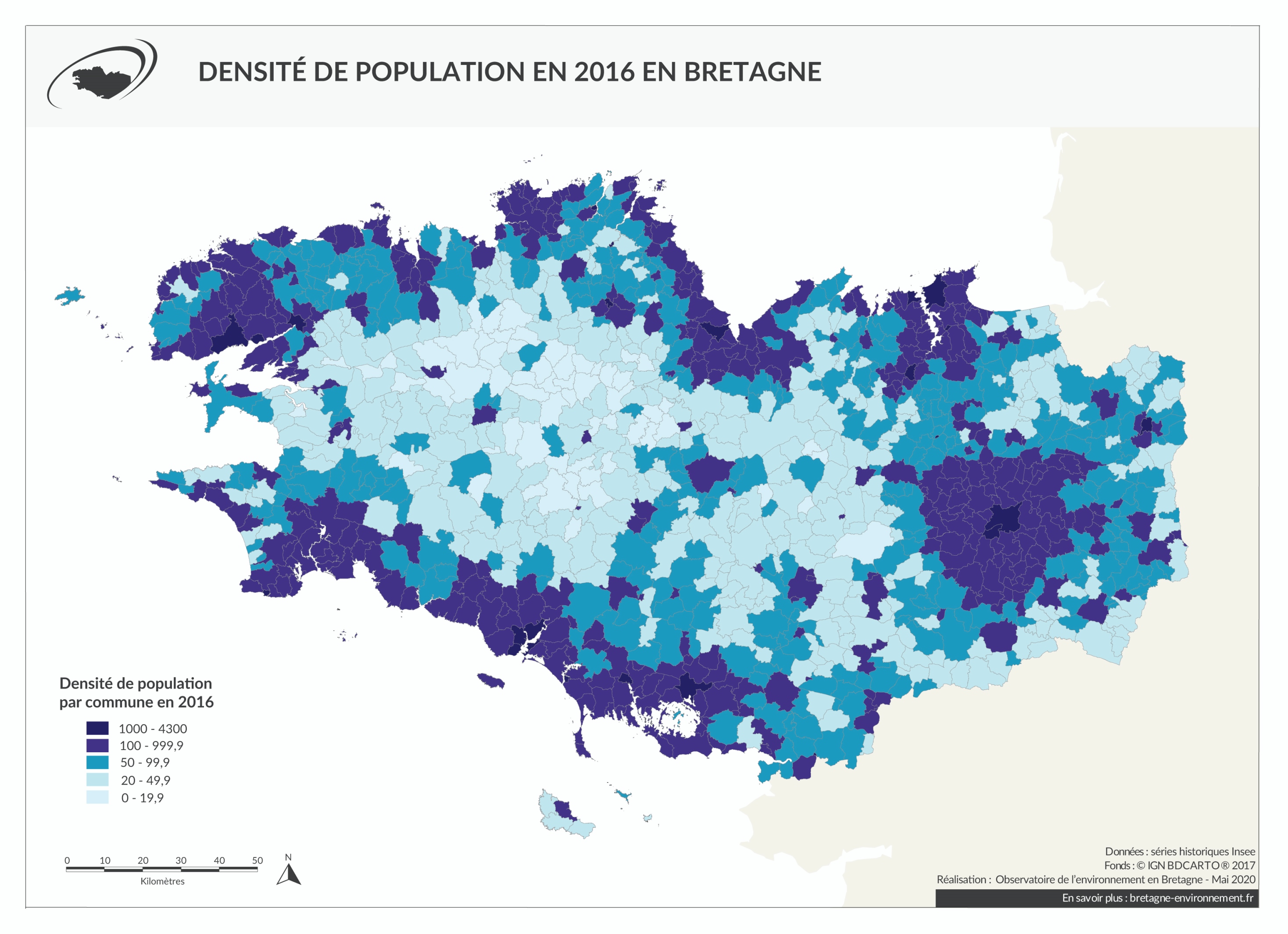 Densité de population par commune en 2016