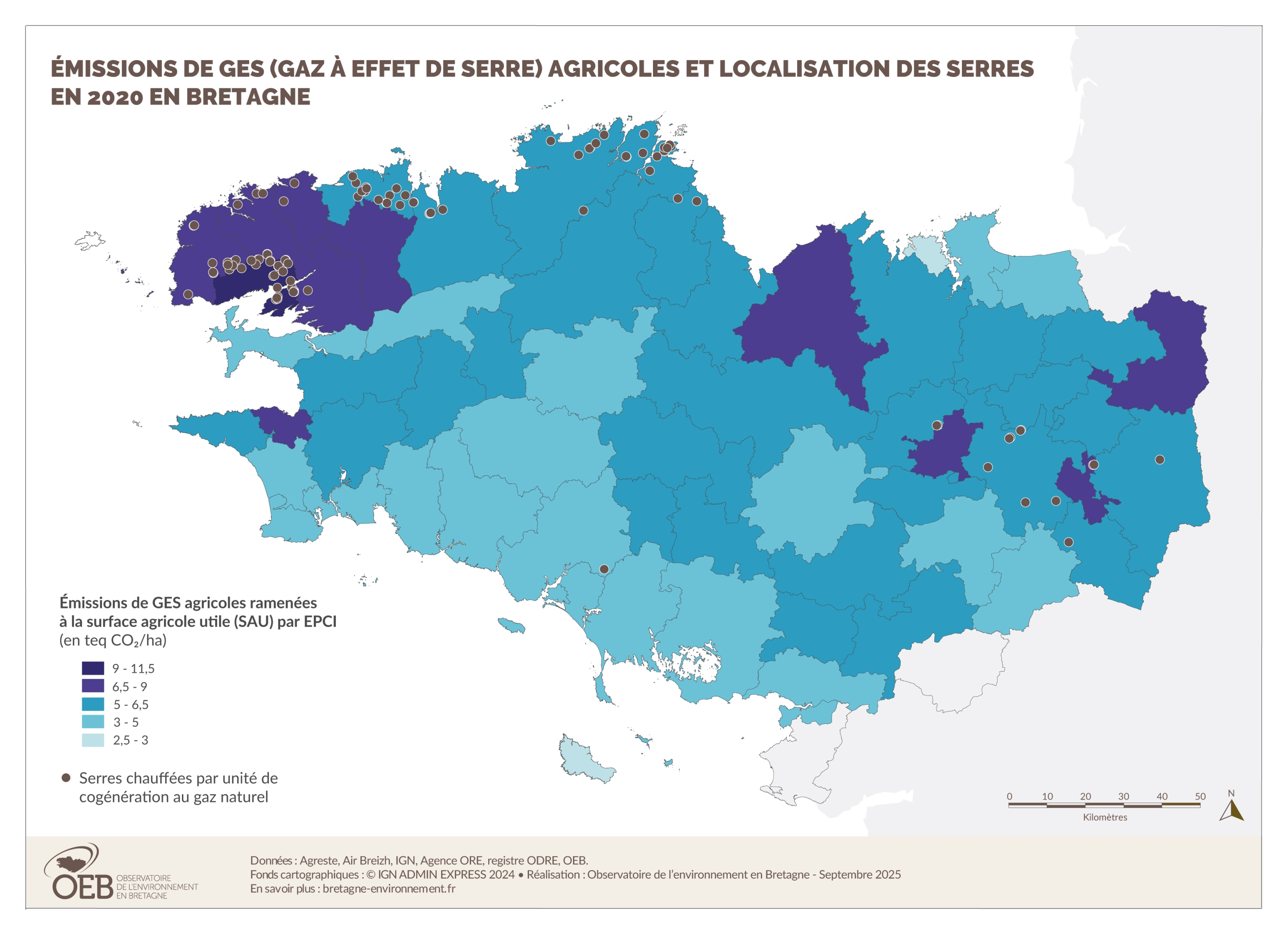 Émissions des GES agricoles et localisation des serres en 2020 en Bretagne
