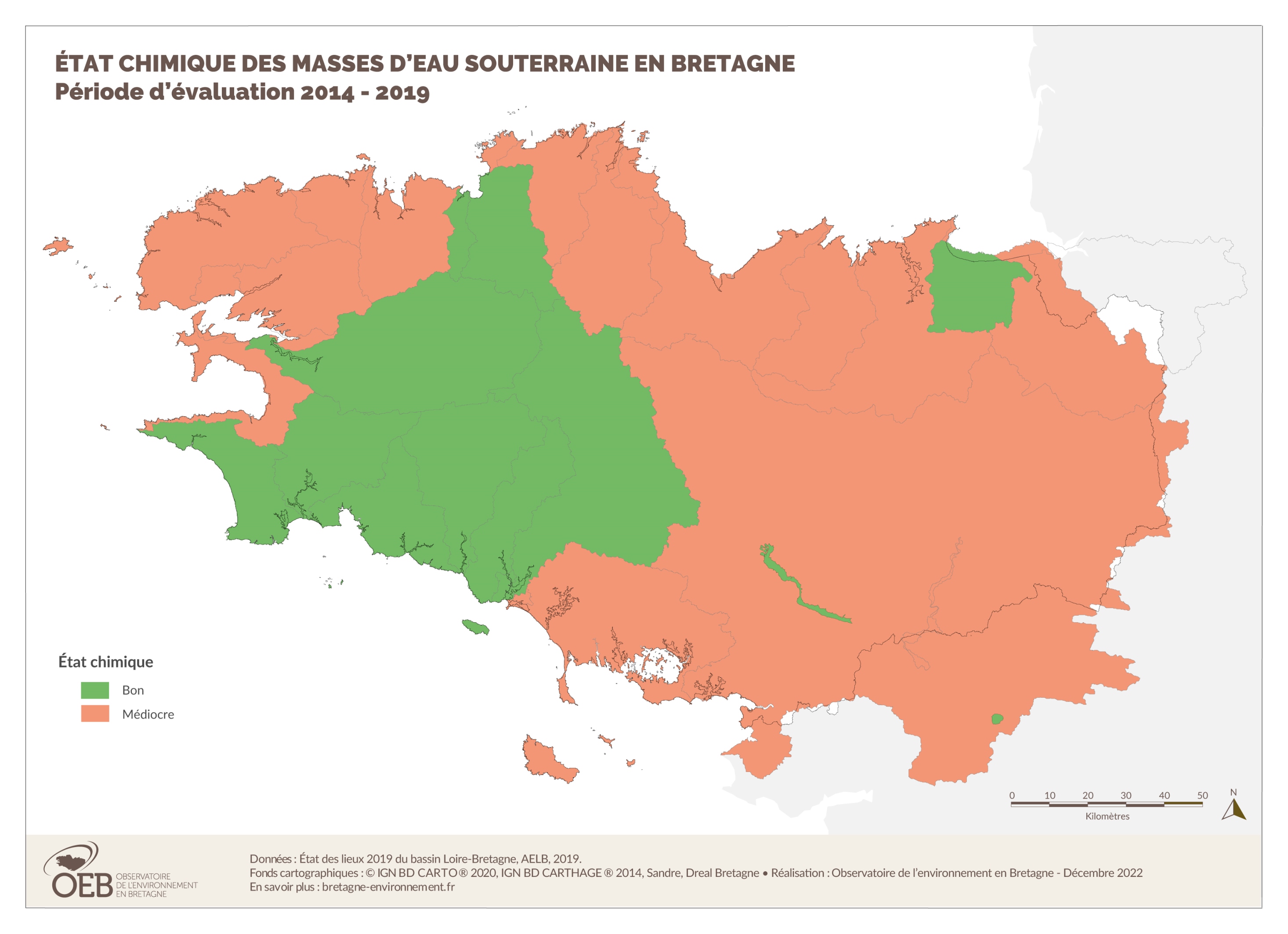 État chimique des masses d'eau souterraine en Bretagne - Période d'évaluation 2014 - 2019