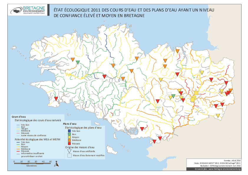 Etat écologique 2011 des eaux de surface de type cours d'eau et plans d'eau - Région Bretagne