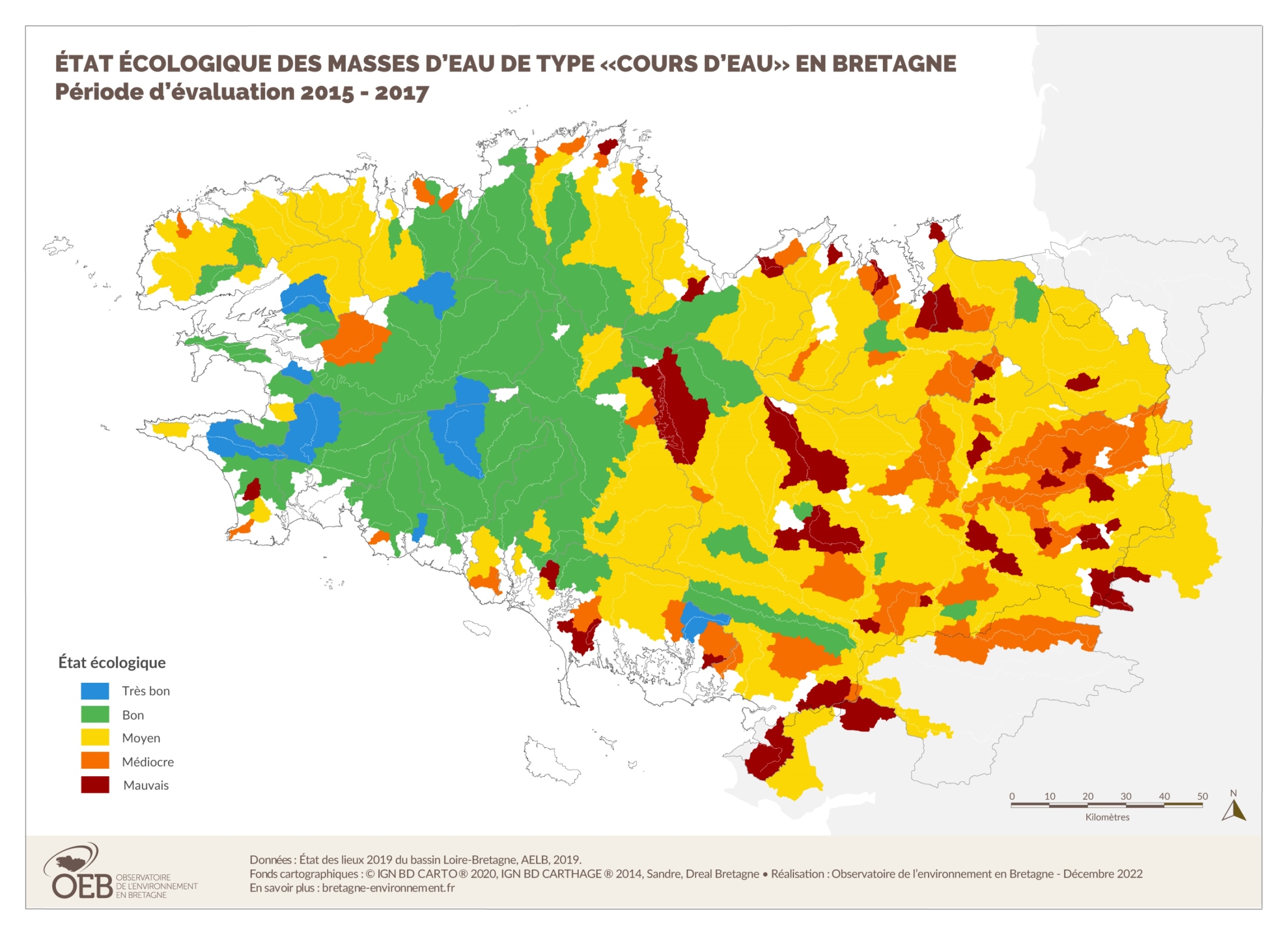 État écologique 2013 des eaux de surface de type cours d'eau - Sous-bassin Vilaine et côtiers bretons