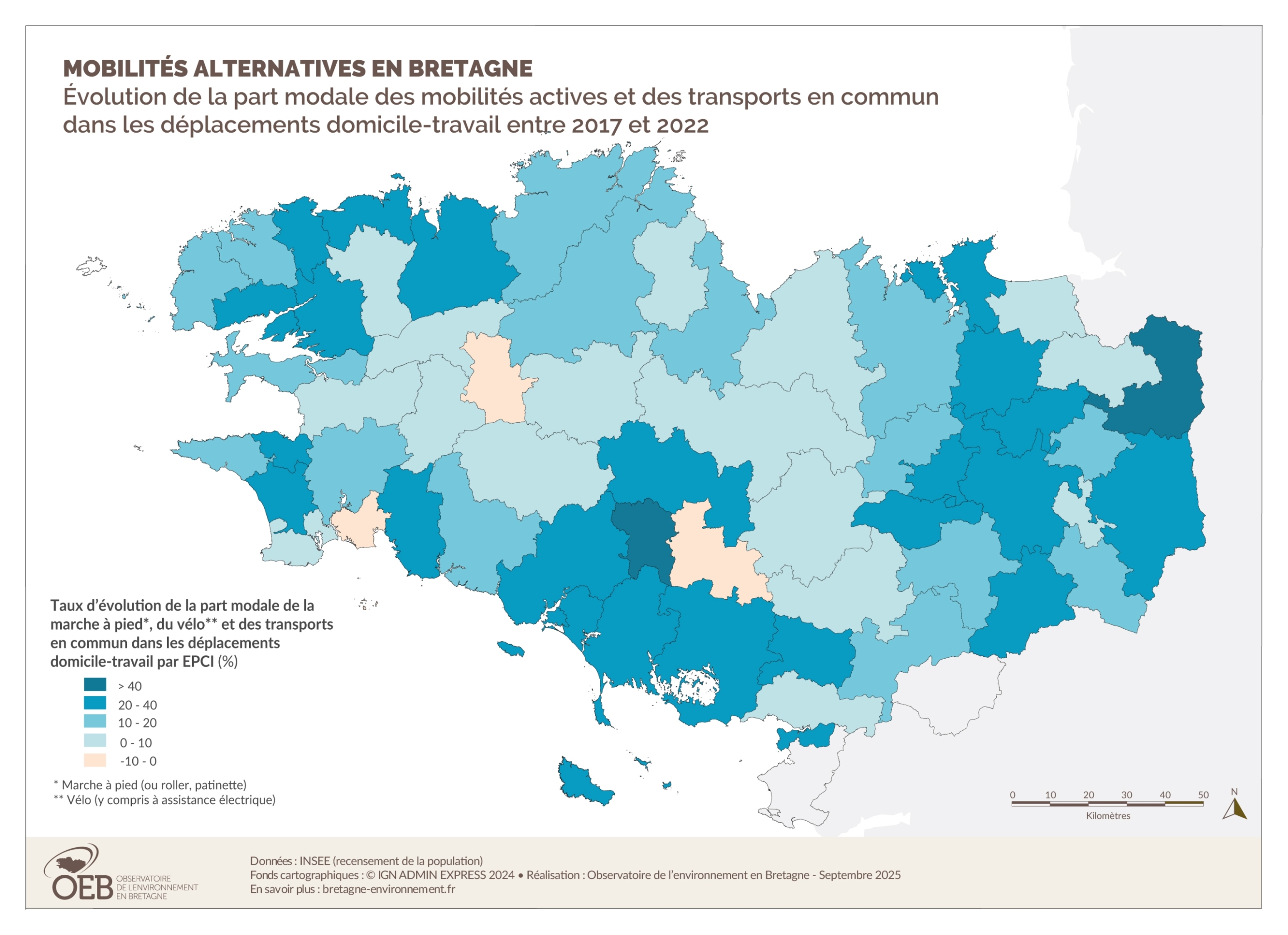 Évolution de la part modale des mobilités actives et des transports en commun dans les déplacements domicile-travail entre 2017 et 2022