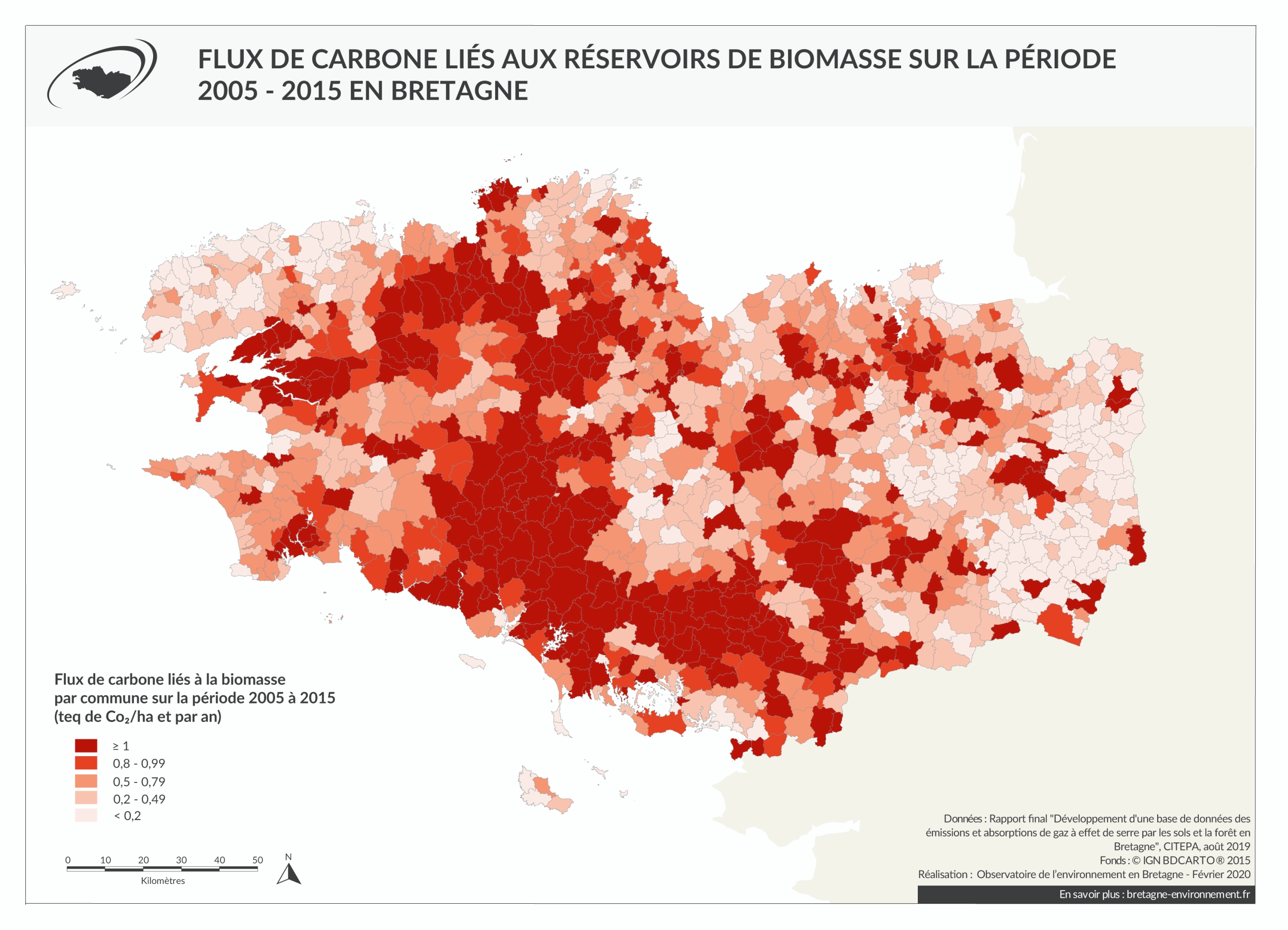 Flux de carbone liés aux réservoirs de biomasse sur la période 2005 - 2015 en Bretagne