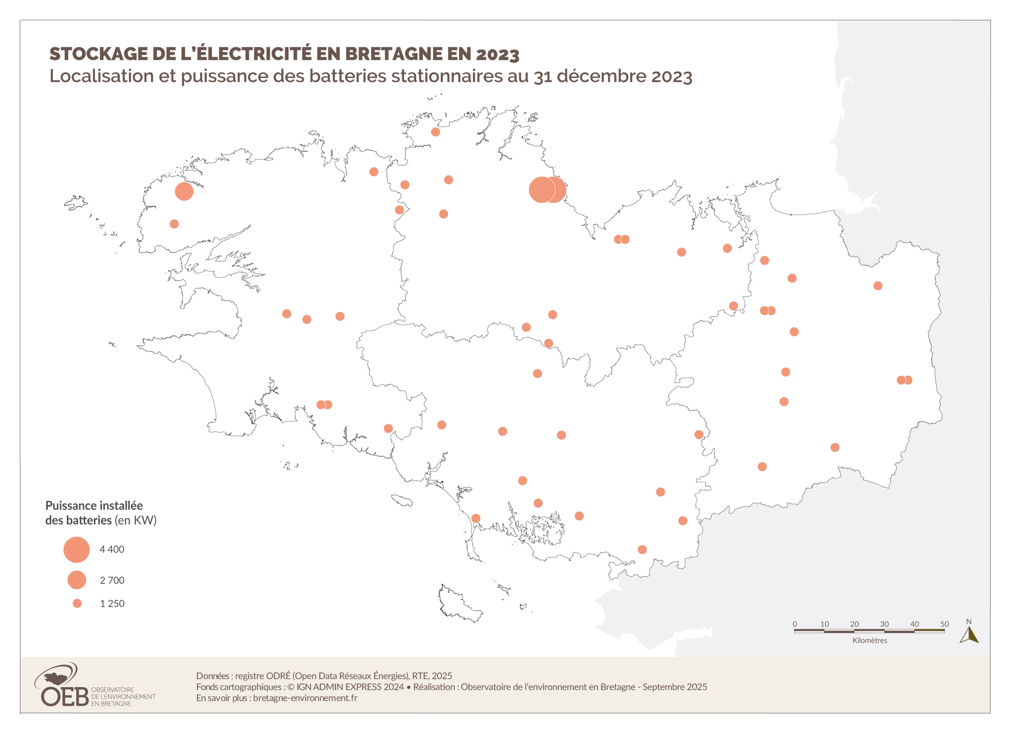 Localisation et puissance des batteries stationnaires en 2023