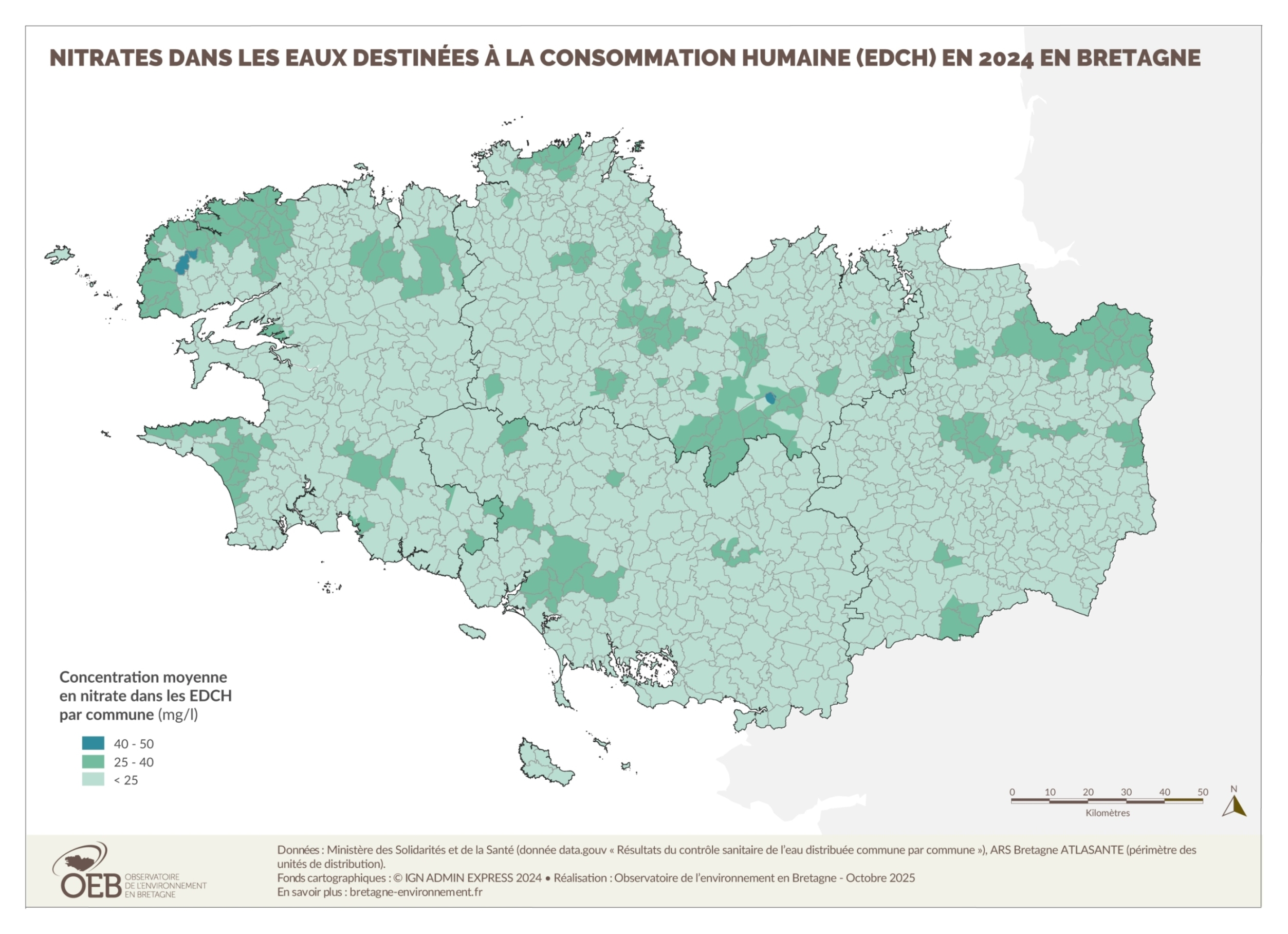 Nitrates dans les eaux distribuées bretonnes en 2009 