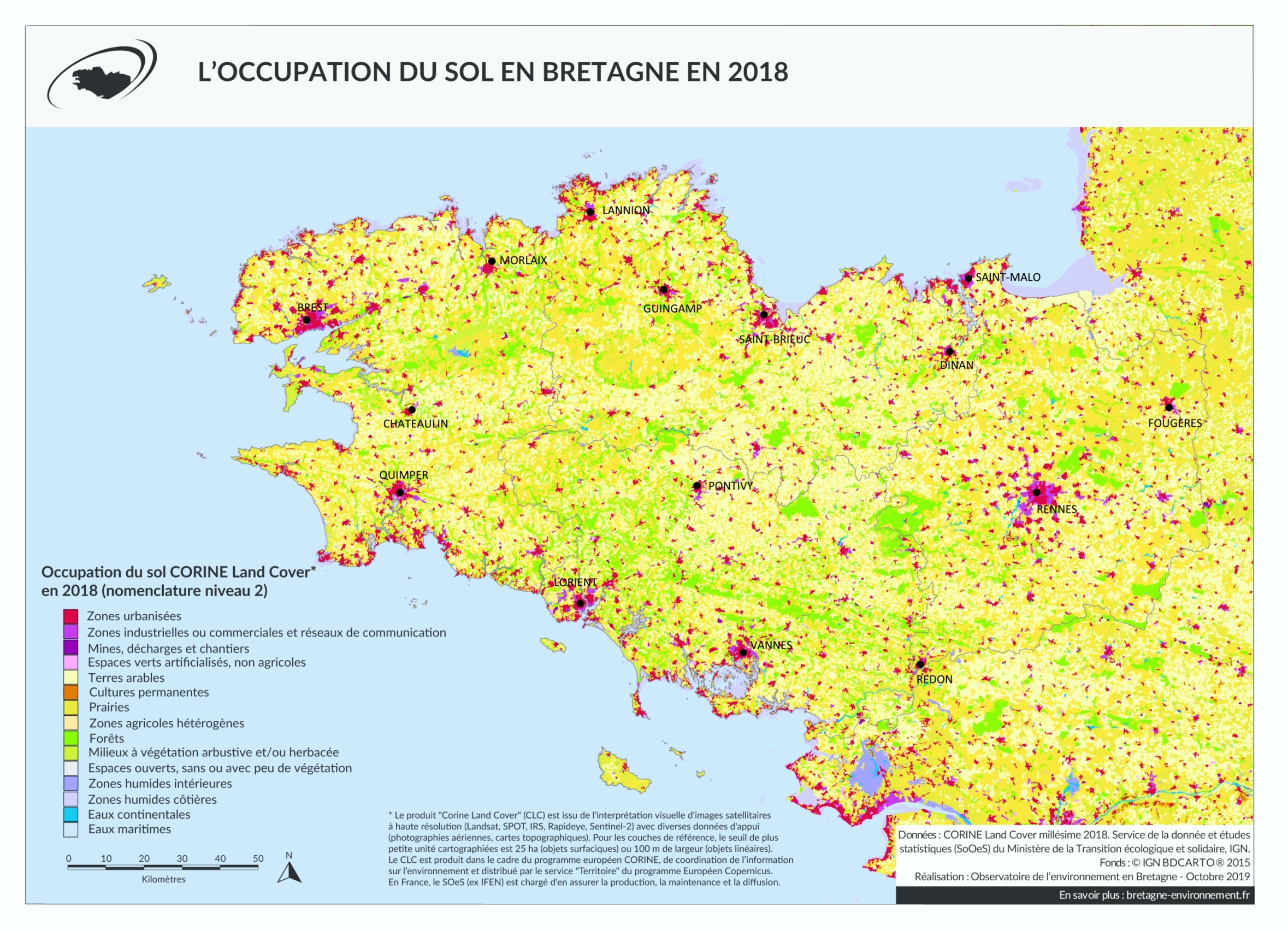 Occupation du sol CORINE Land Cover en Bretagne en 2018