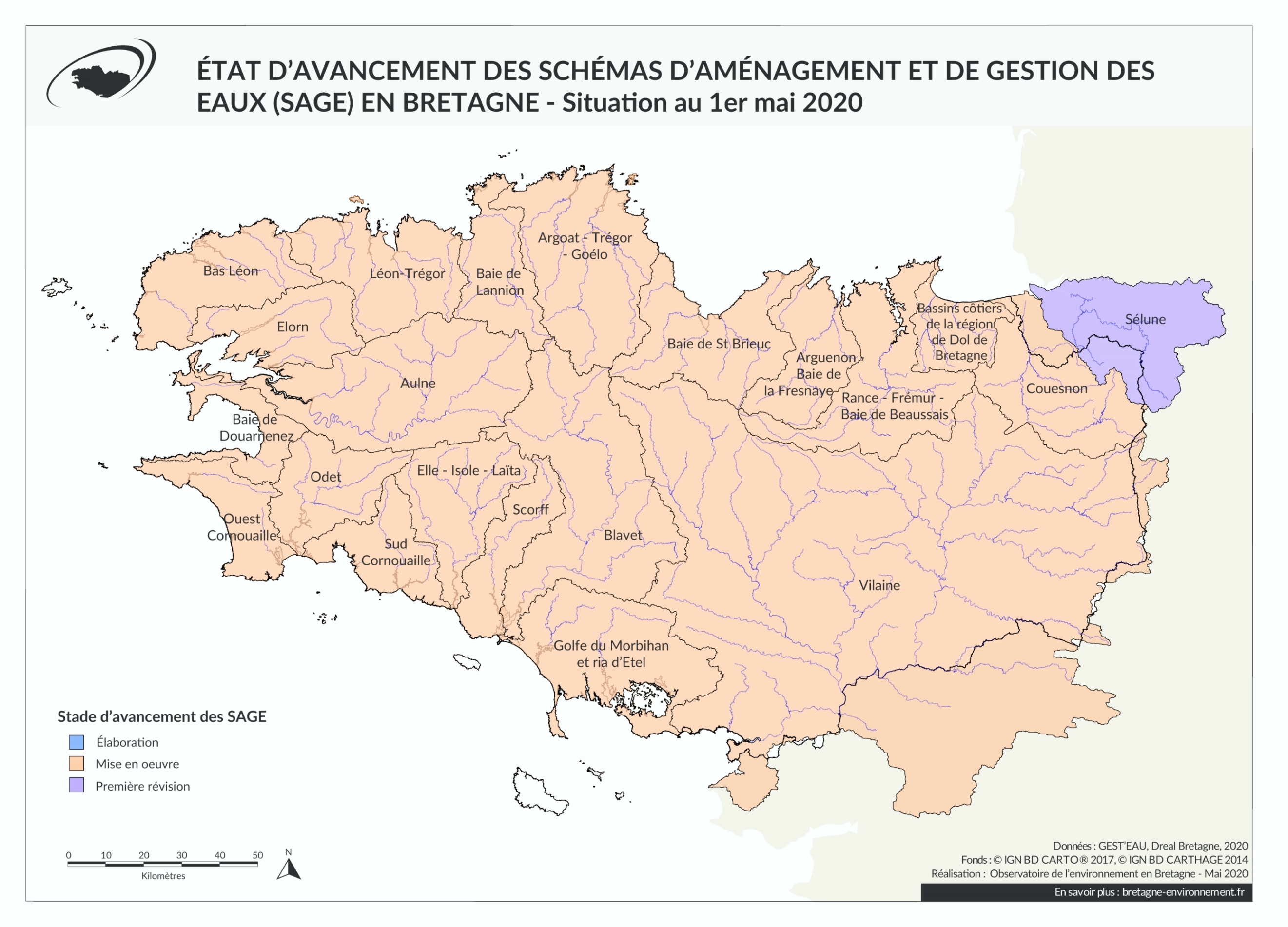 État d'avancement des Sage de Bretagne - Mai 2020