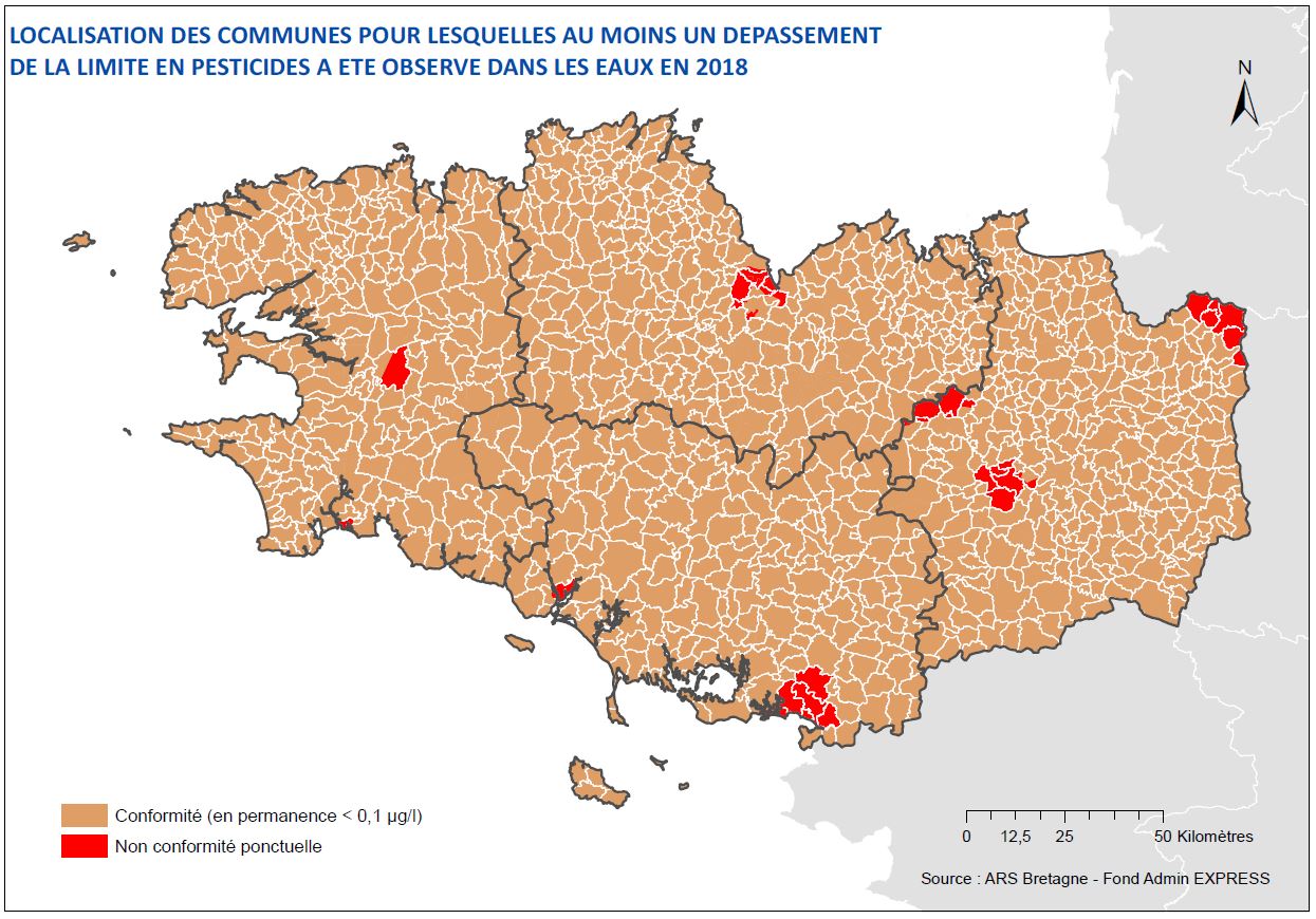 Pesticides dans les eaux distribuées bretonnes en 2018