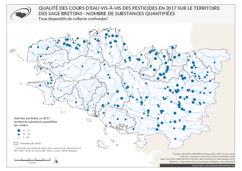 Qualité des cours d'eau bretons vis-à-vis des pesticides en 2017 - Nombre de substances quantifiées