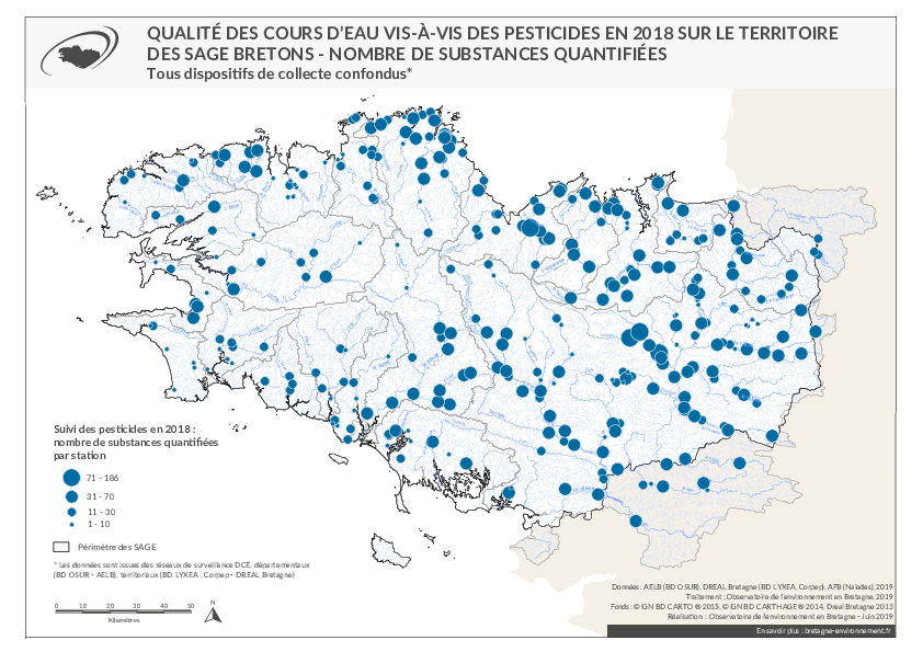 Qualité des cours d'eau bretons vis-à-vis des pesticides en 2018 - Nombre de substances quantifiées