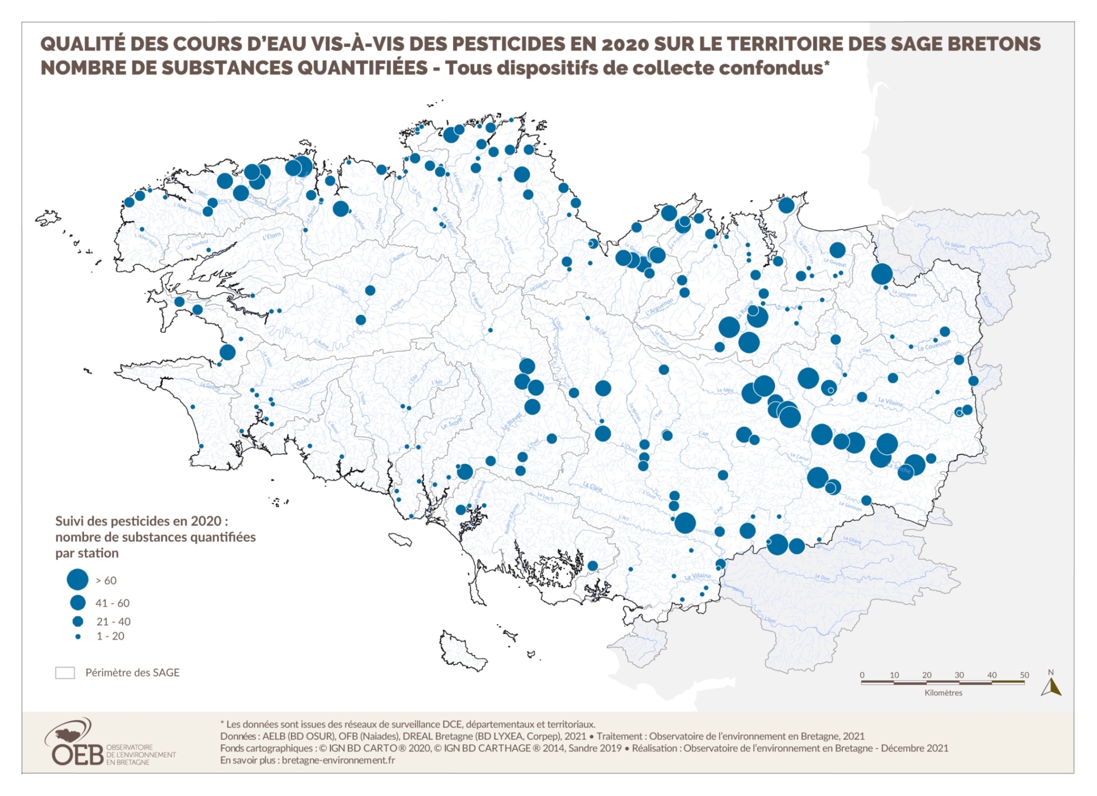 Qualité des cours d'eau bretons vis-à-vis des pesticides en 2020 - Nombre de substances quantifiées