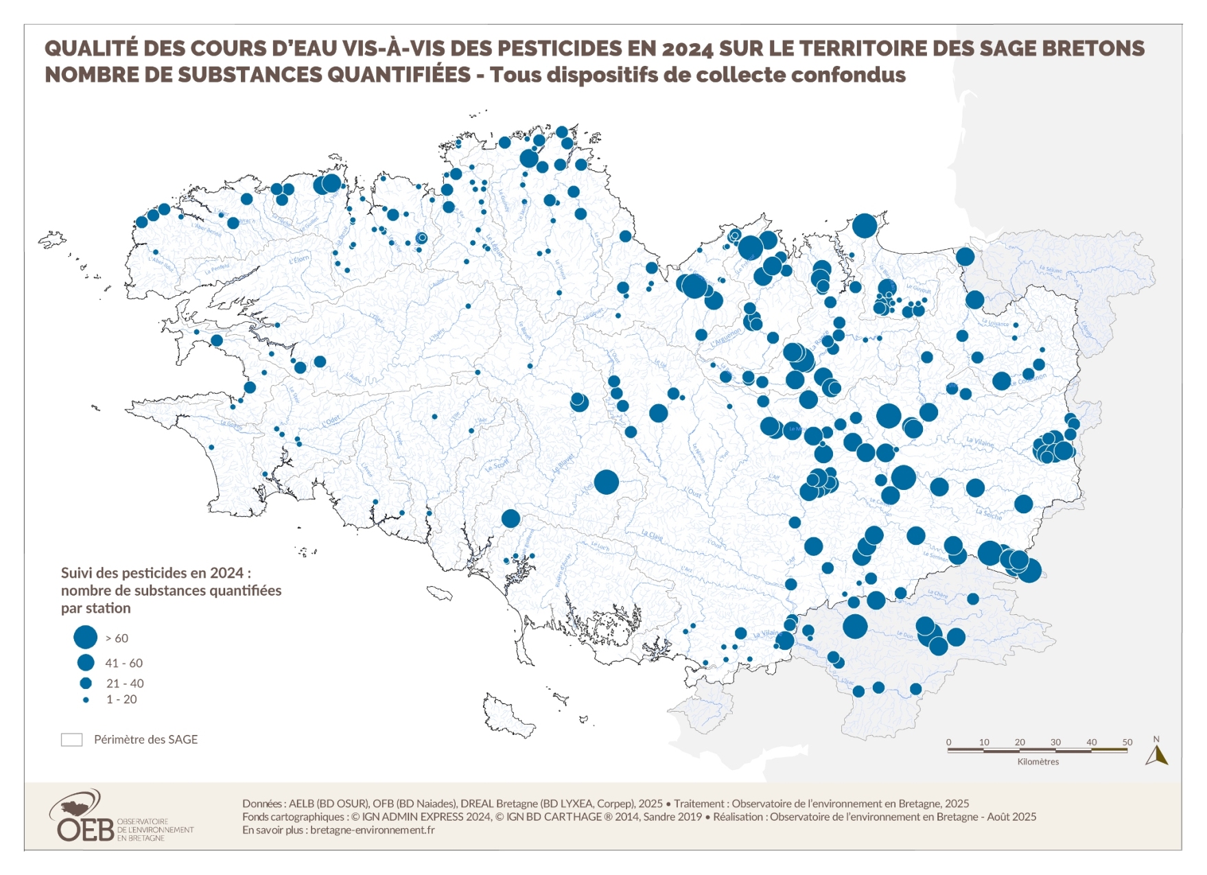 Qualité des cours d'eau bretons vis-à-vis des pesticides en 2024 - Nombre de substances quantifiées