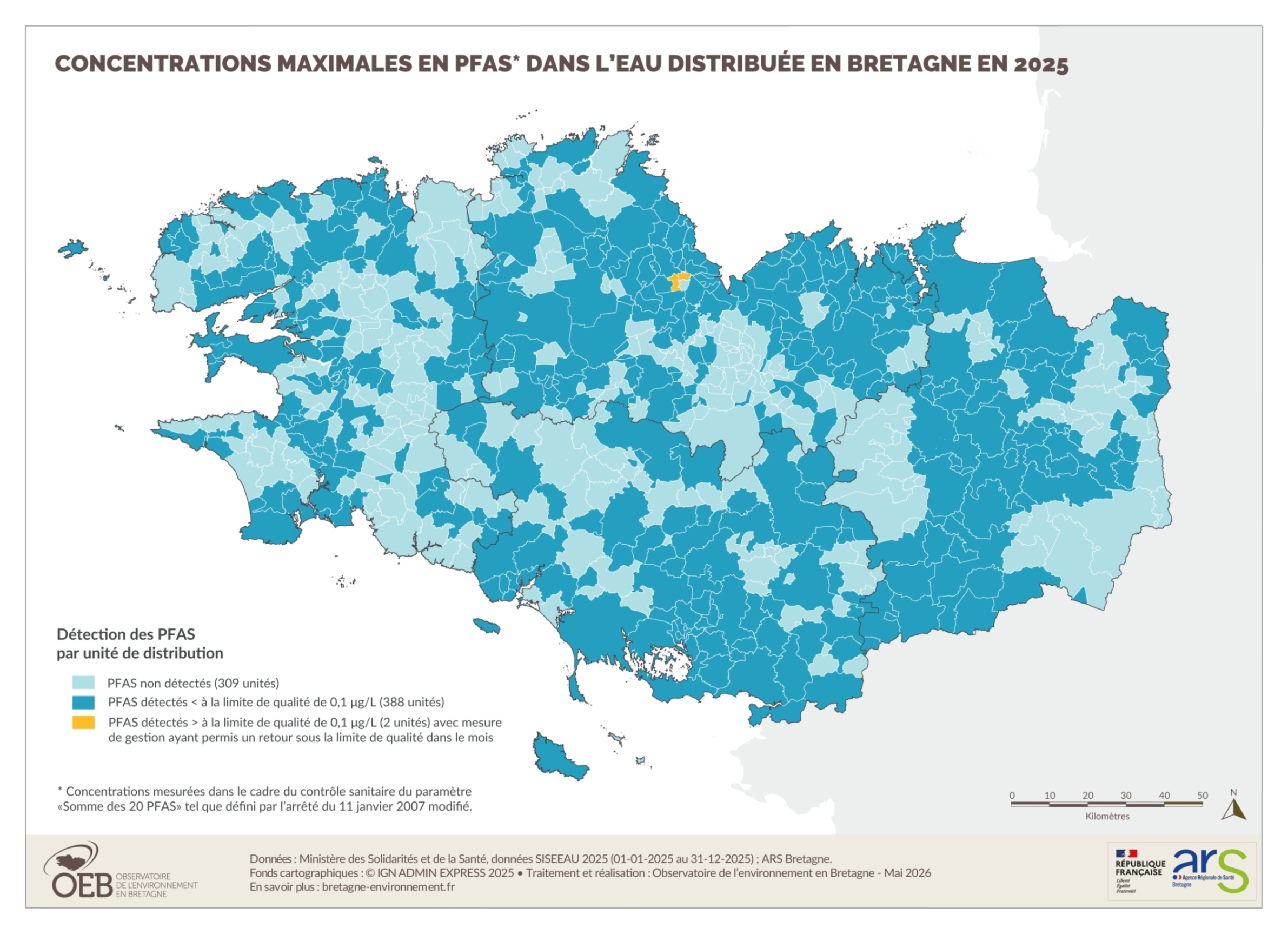 Concentrations maximales en PFAS dans l'eau distribuée en Bretagne en 2025