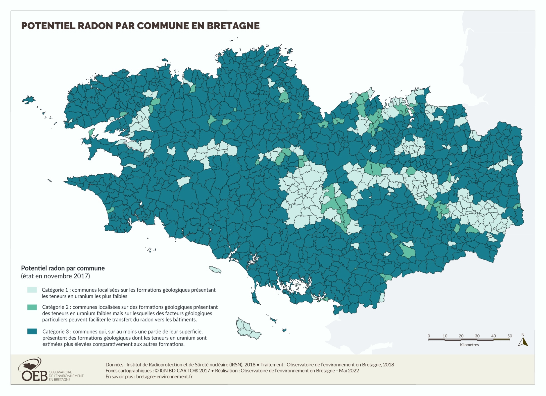 Potentiel radon par commune en Bretagne