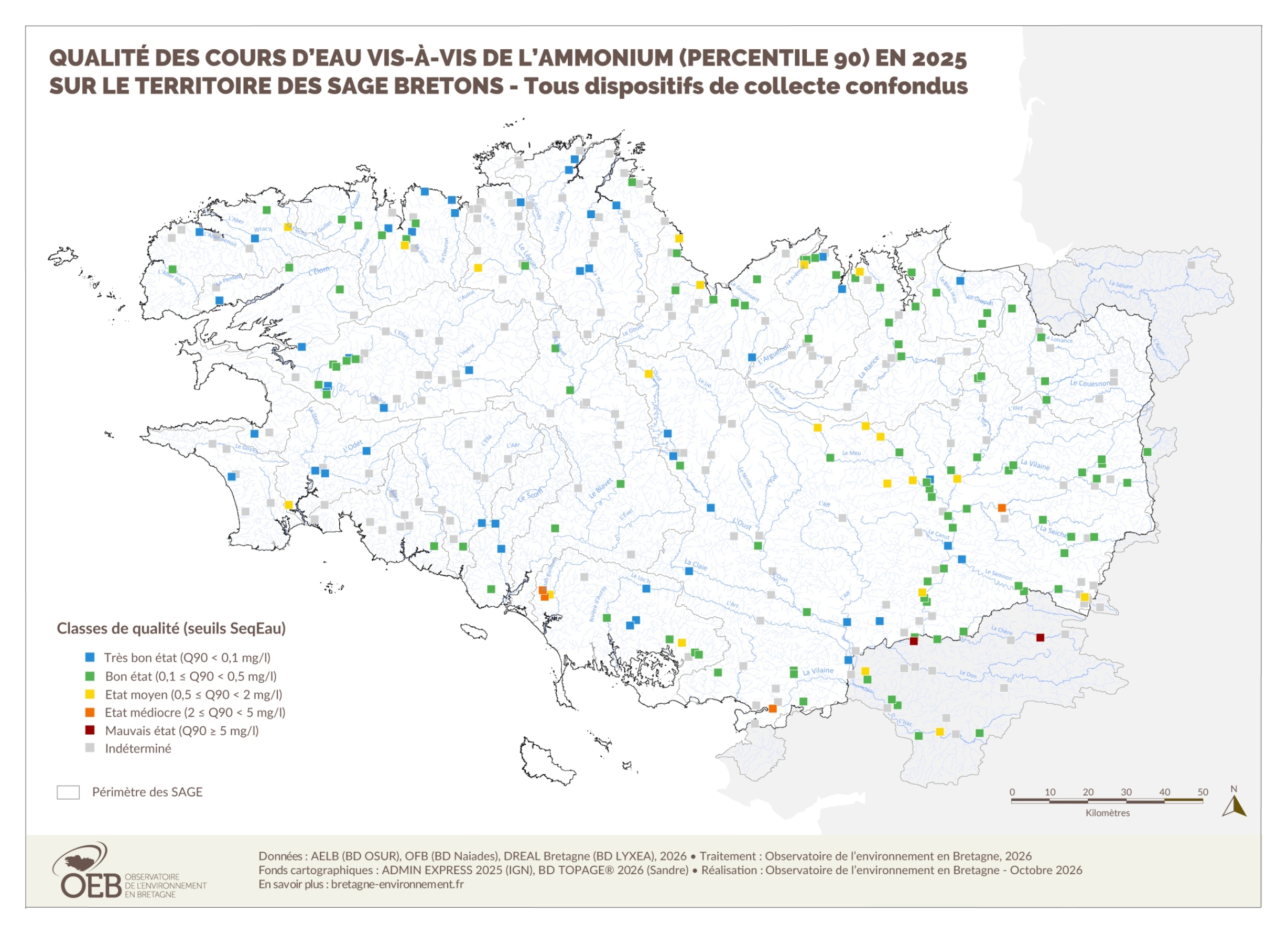 Qualité des cours d'eau bretons vis-à-vis de l'ammonium (Q90) en 2025