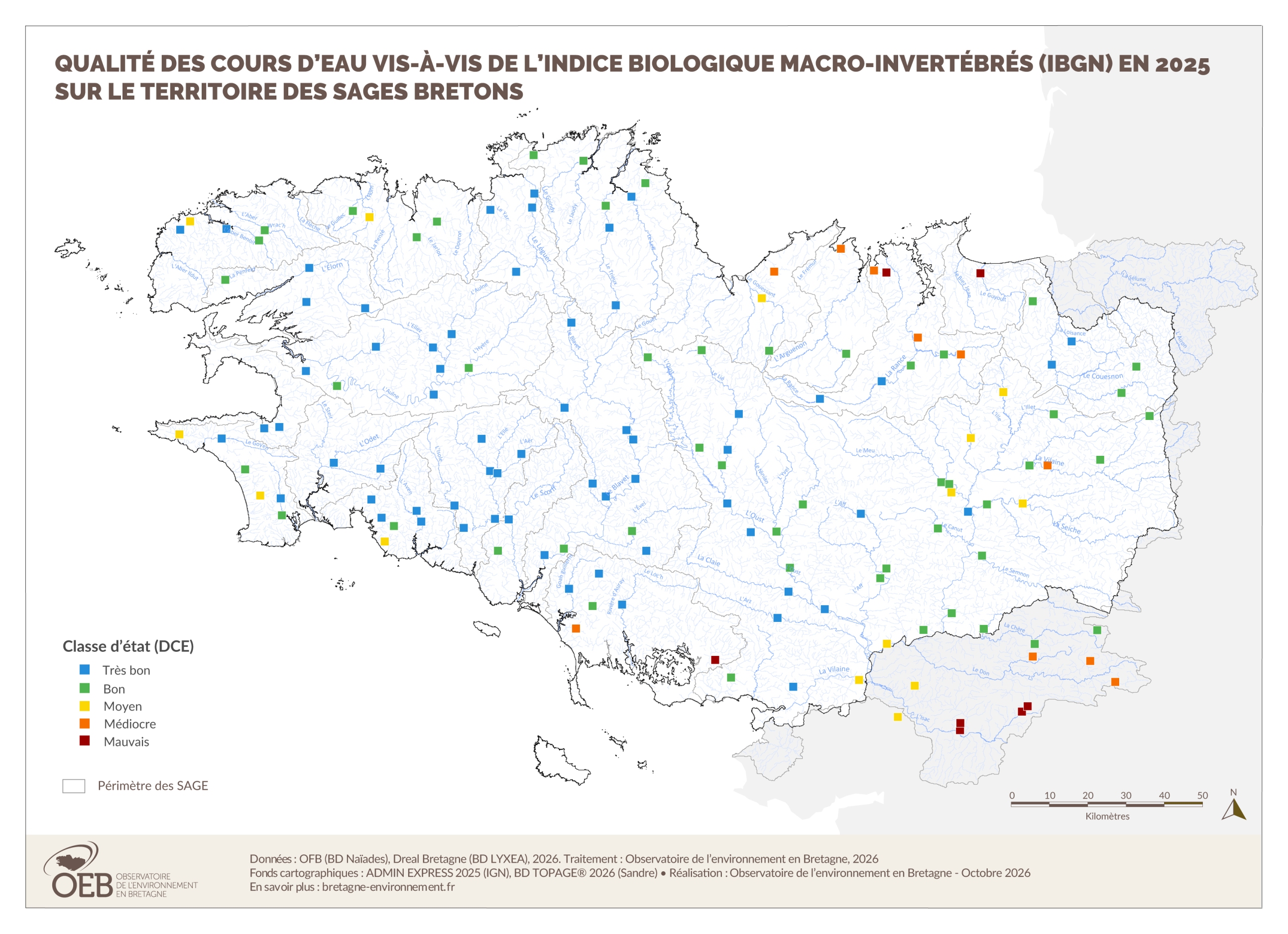 Qualité des cours d'eau bretons vis-à-vis de l'indice macro-invertébrés (IBGN) en 2025