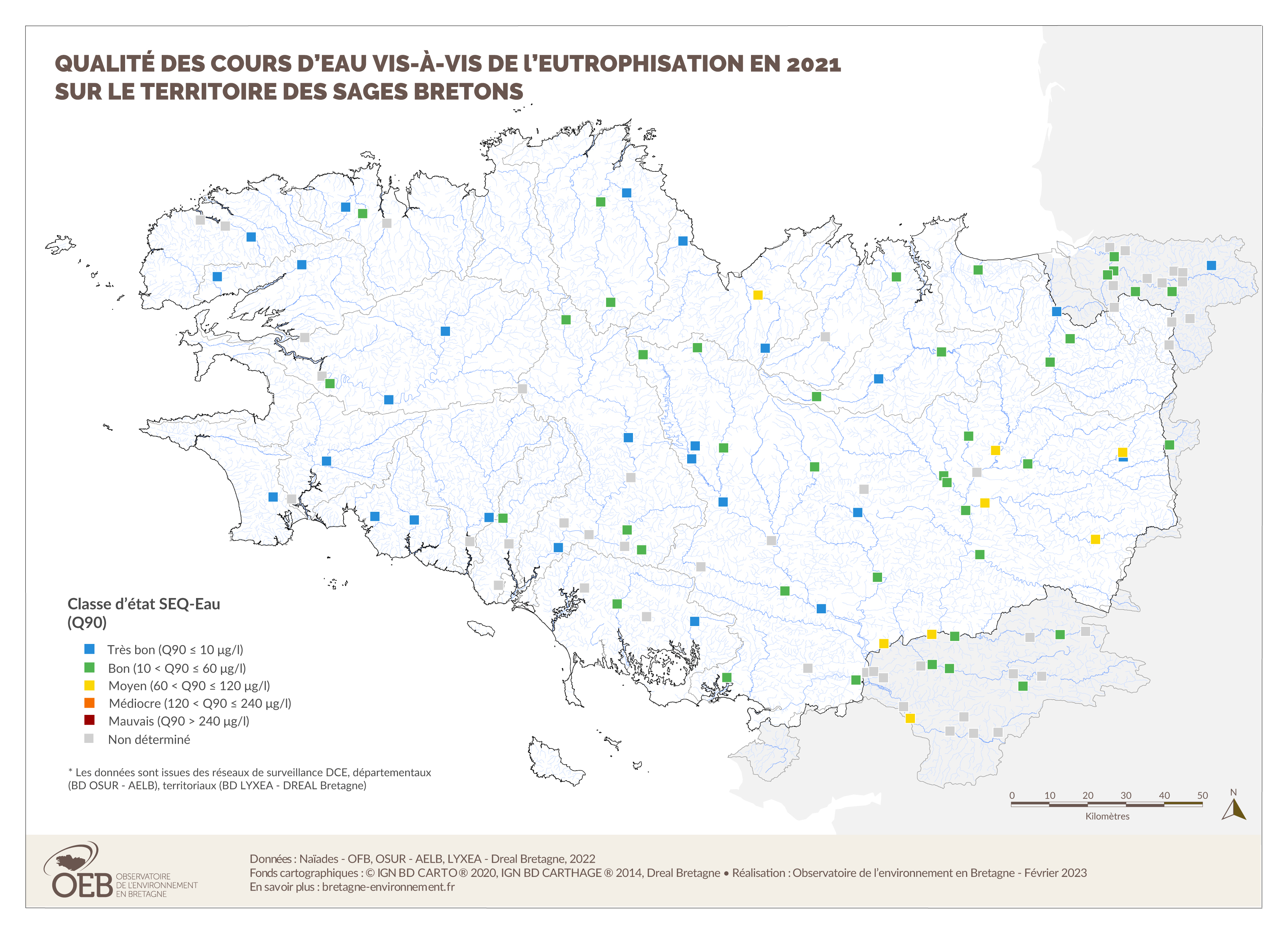 Qualité des cours d'eau vis-à-vis de l'eutrophisation en 2021 - Tous dispositifs de collecte confondus