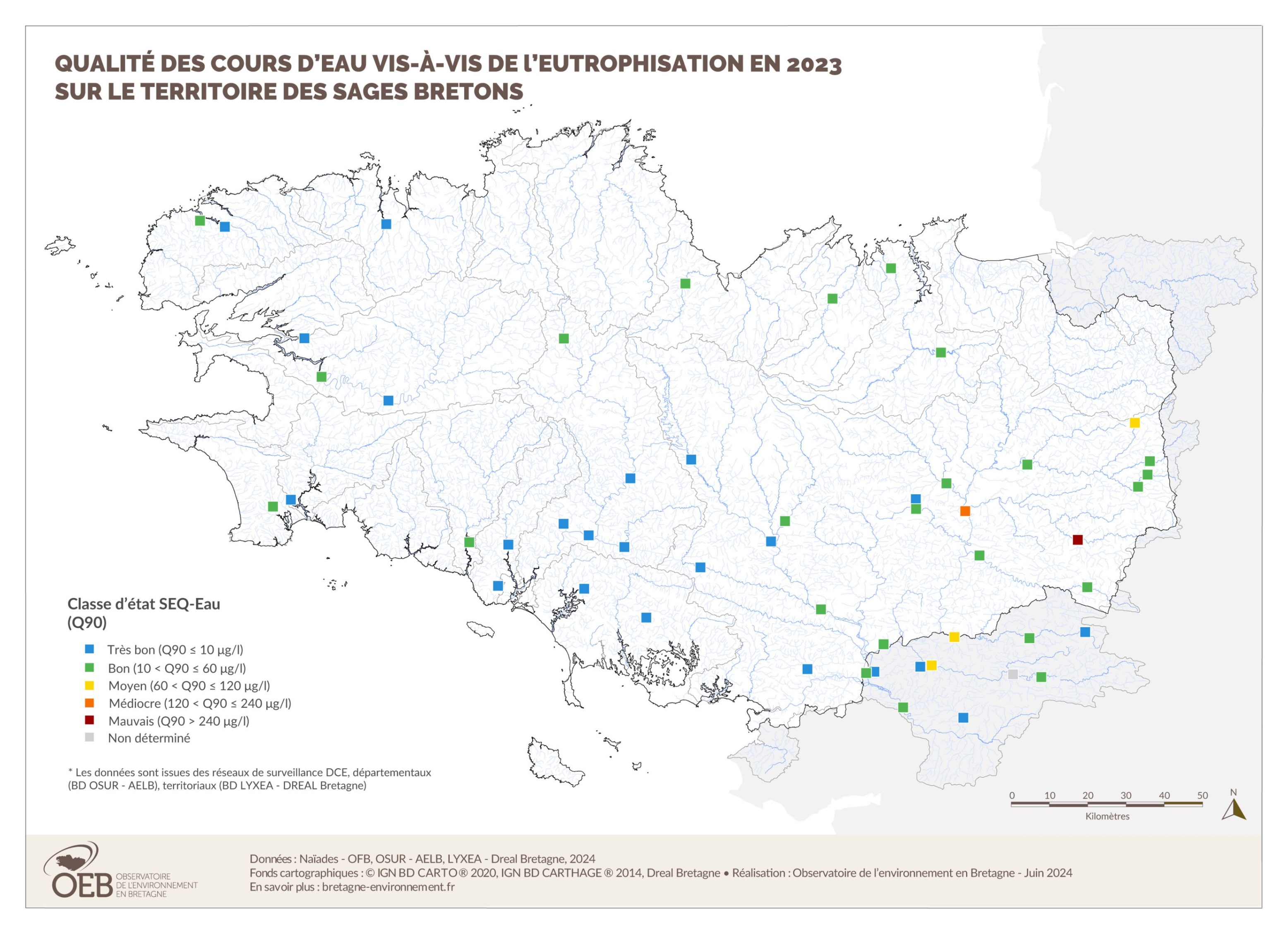 Qualité des cours d'eau vis-à-vis de l'eutrophisation en 2023 - Tous dispositifs de collecte confondus