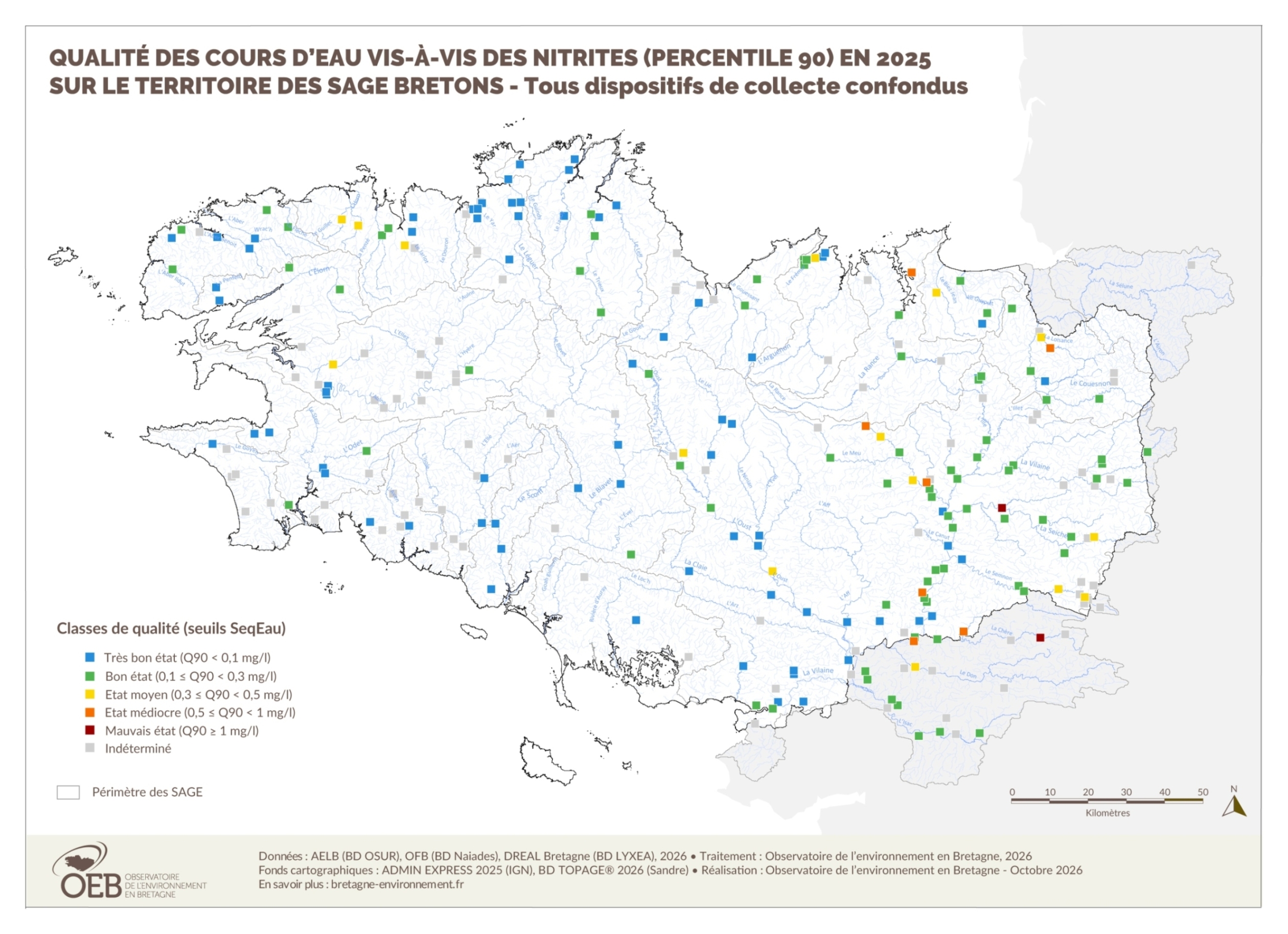 Qualité des cours d'eau bretons vis-à-vis des nitrites (Q90) en 2025