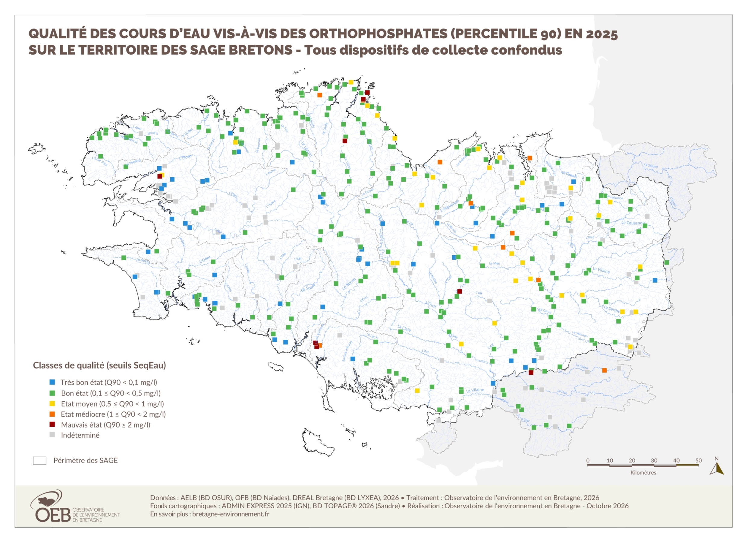 Qualité des cours d'eau bretons vis-à-vis des orthophosphates en 2025