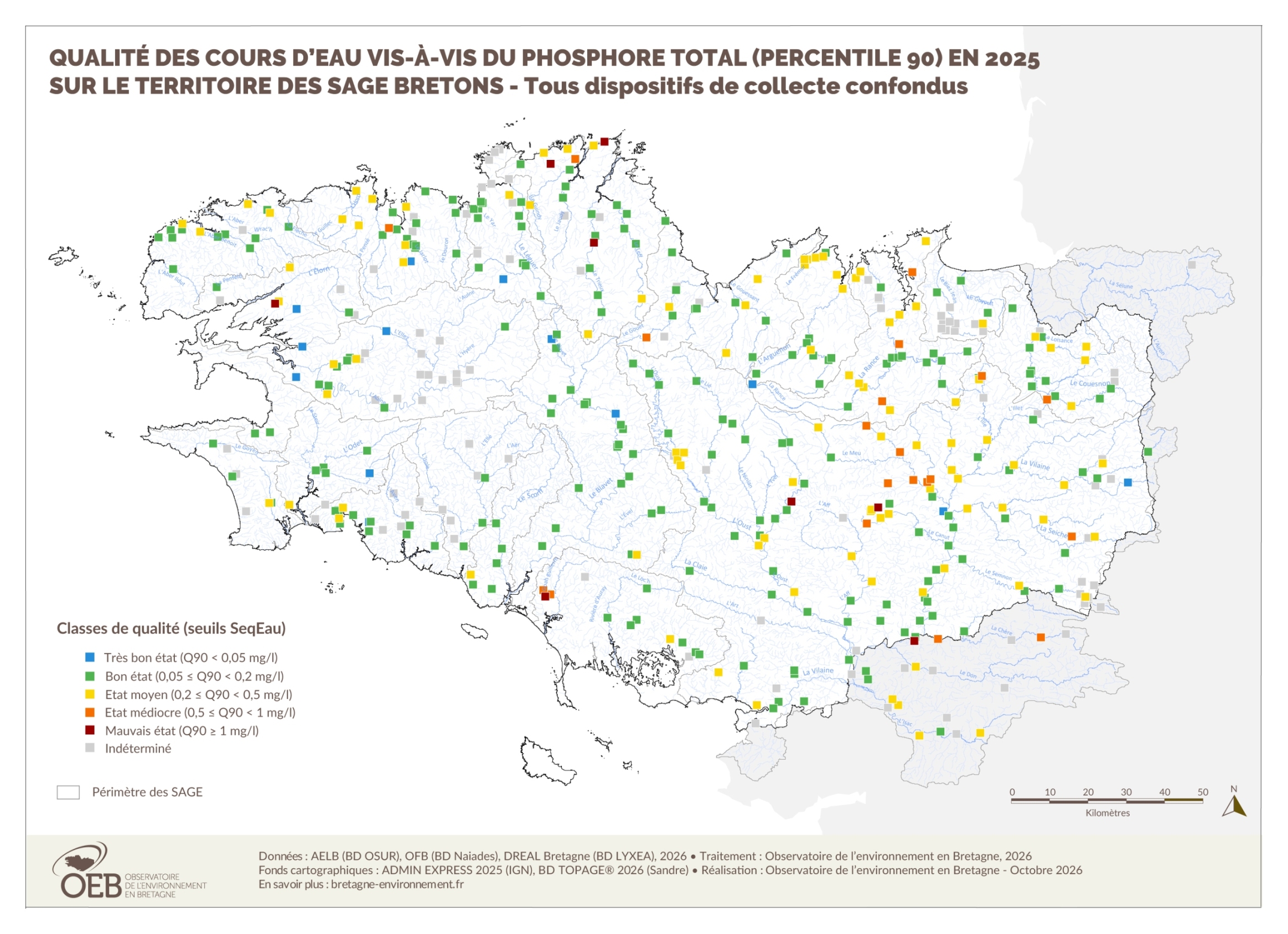 Qualité des cours d'eau bretons vis-à-vis du phosphore total en 2025