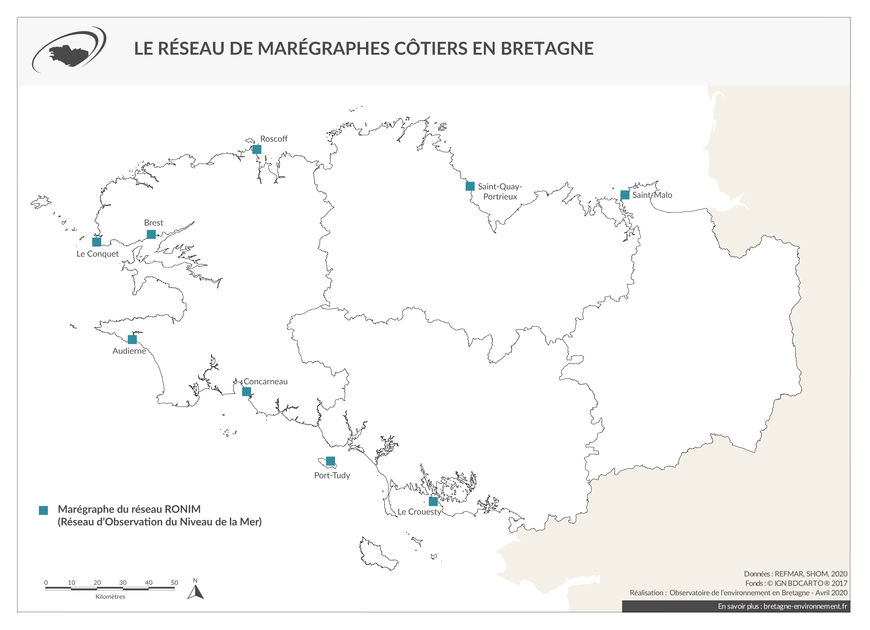 Réseau de marégraphes côtiers en Bretagne - Situation en 2015