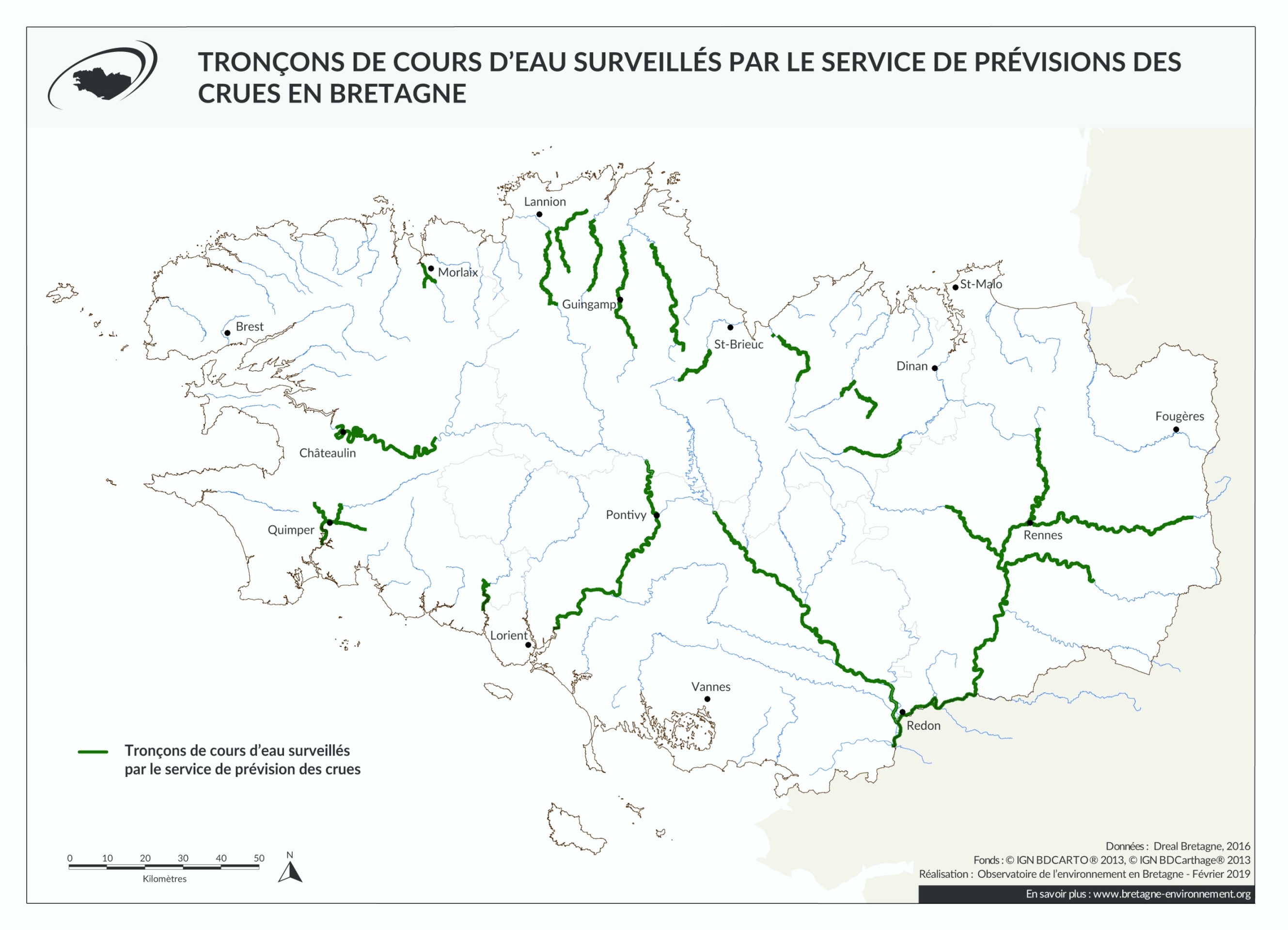 Tronçons de cours d'eau surveillés par le service de prévision des crues en Bretagne