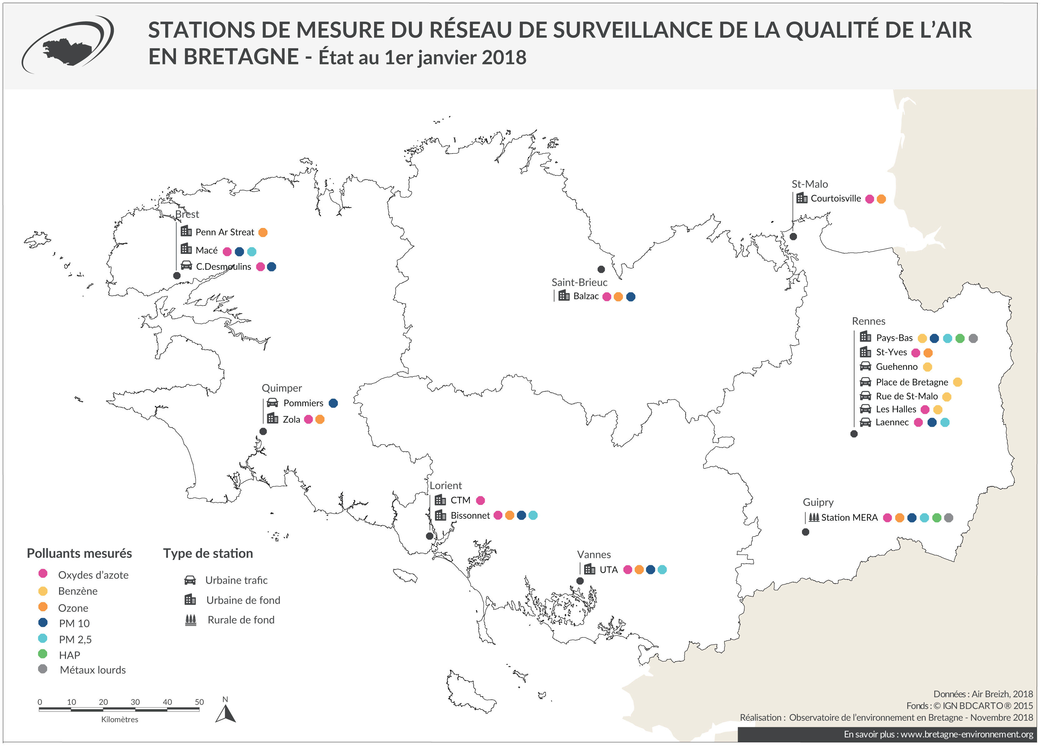Stations de mesure du réseau de surveillance de l'air en Bretagne - Janvier 2018