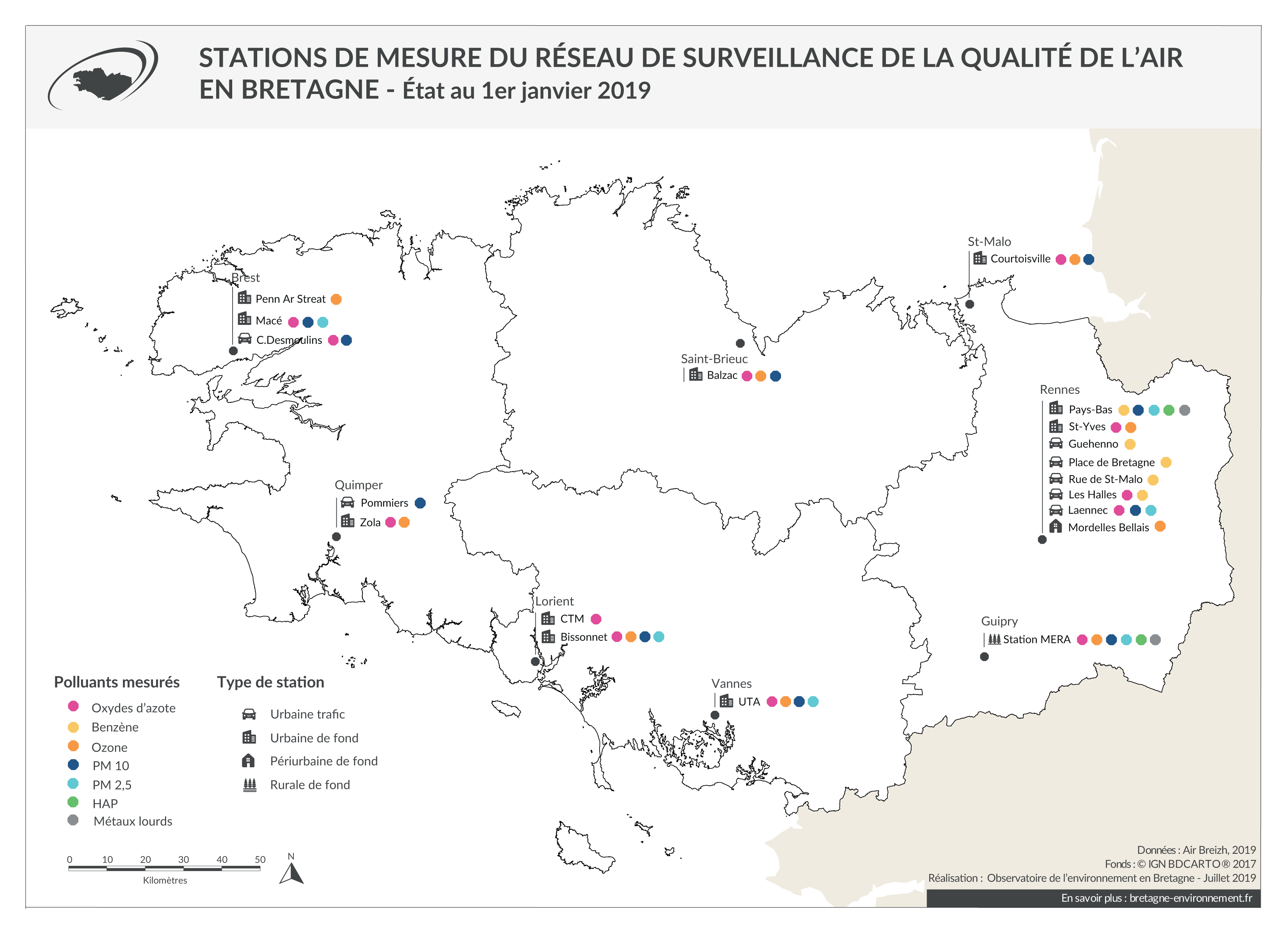 Stations de mesure du réseau de surveillance de l'air en Bretagne - Janvier 2019