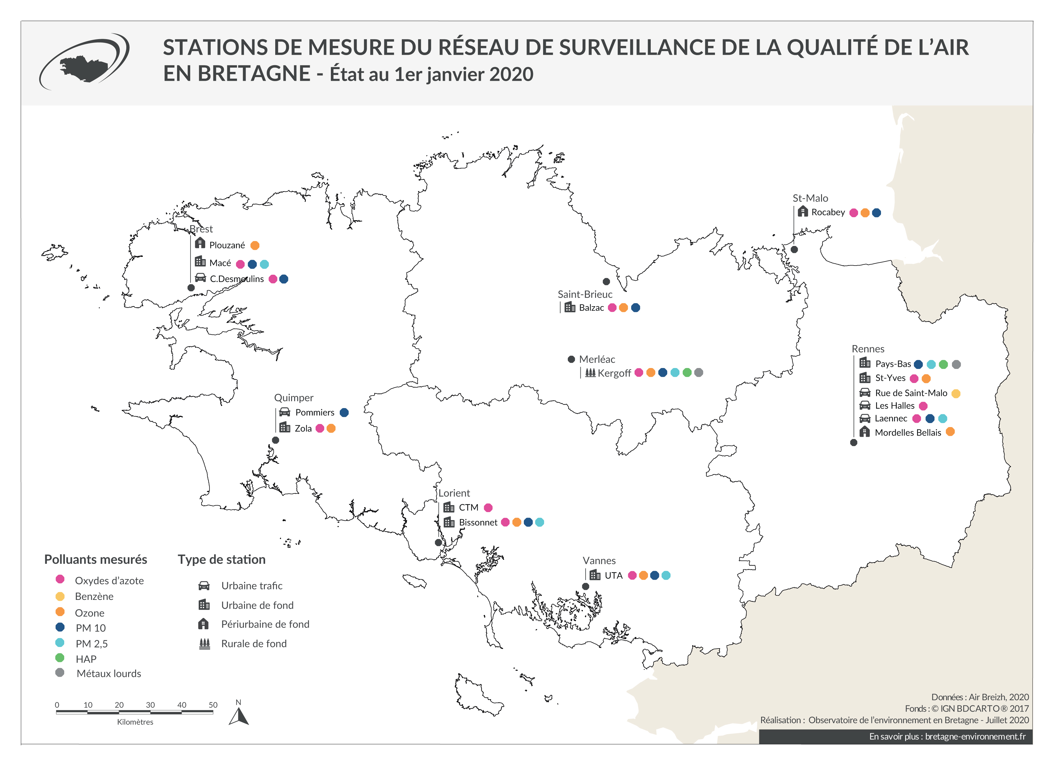 Stations de mesure du réseau de surveillance de l'air en Bretagne - Janvier 2020