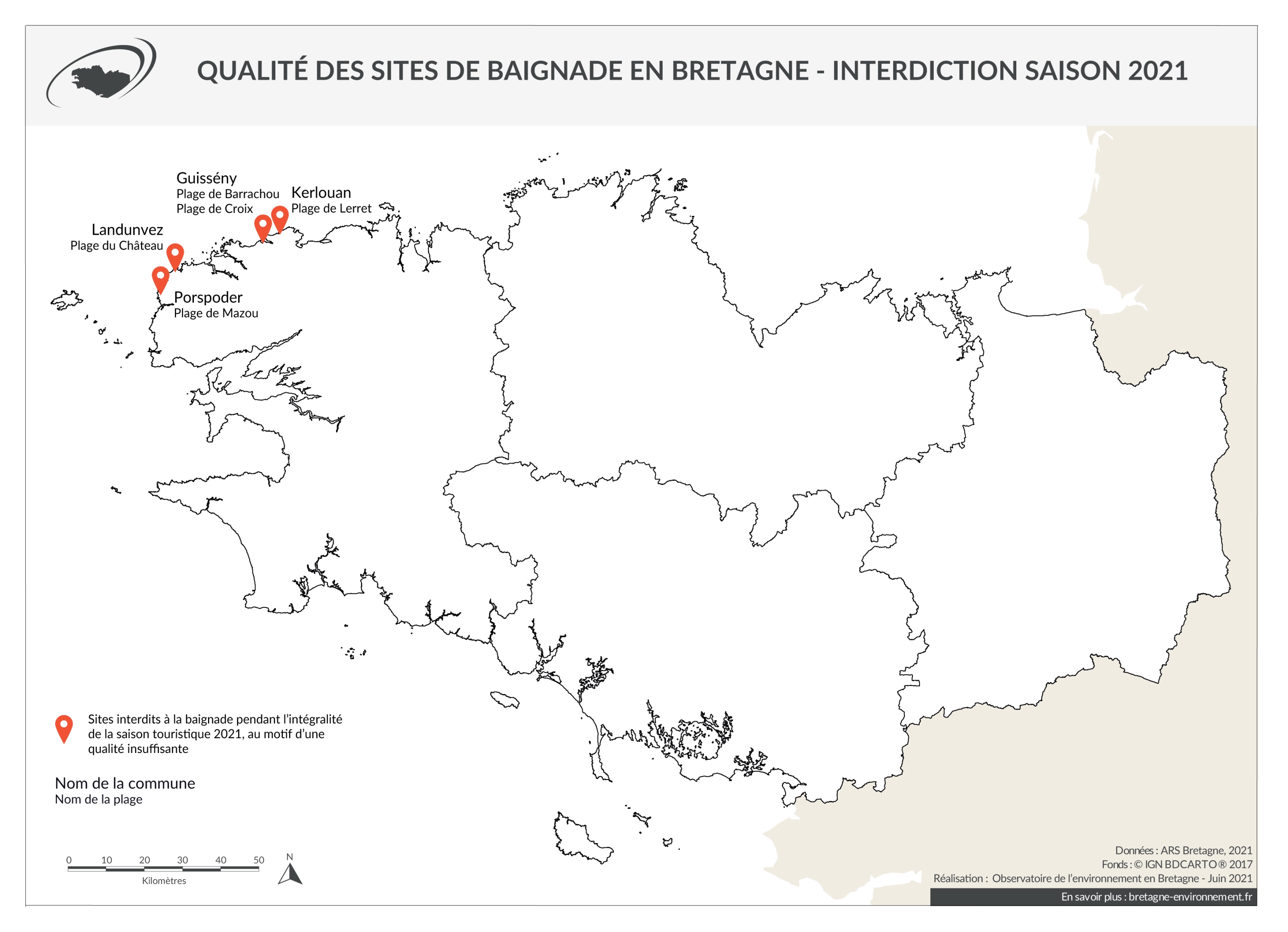 Qualité des eaux de baignade en Bretagne - Interdiction saison 2021