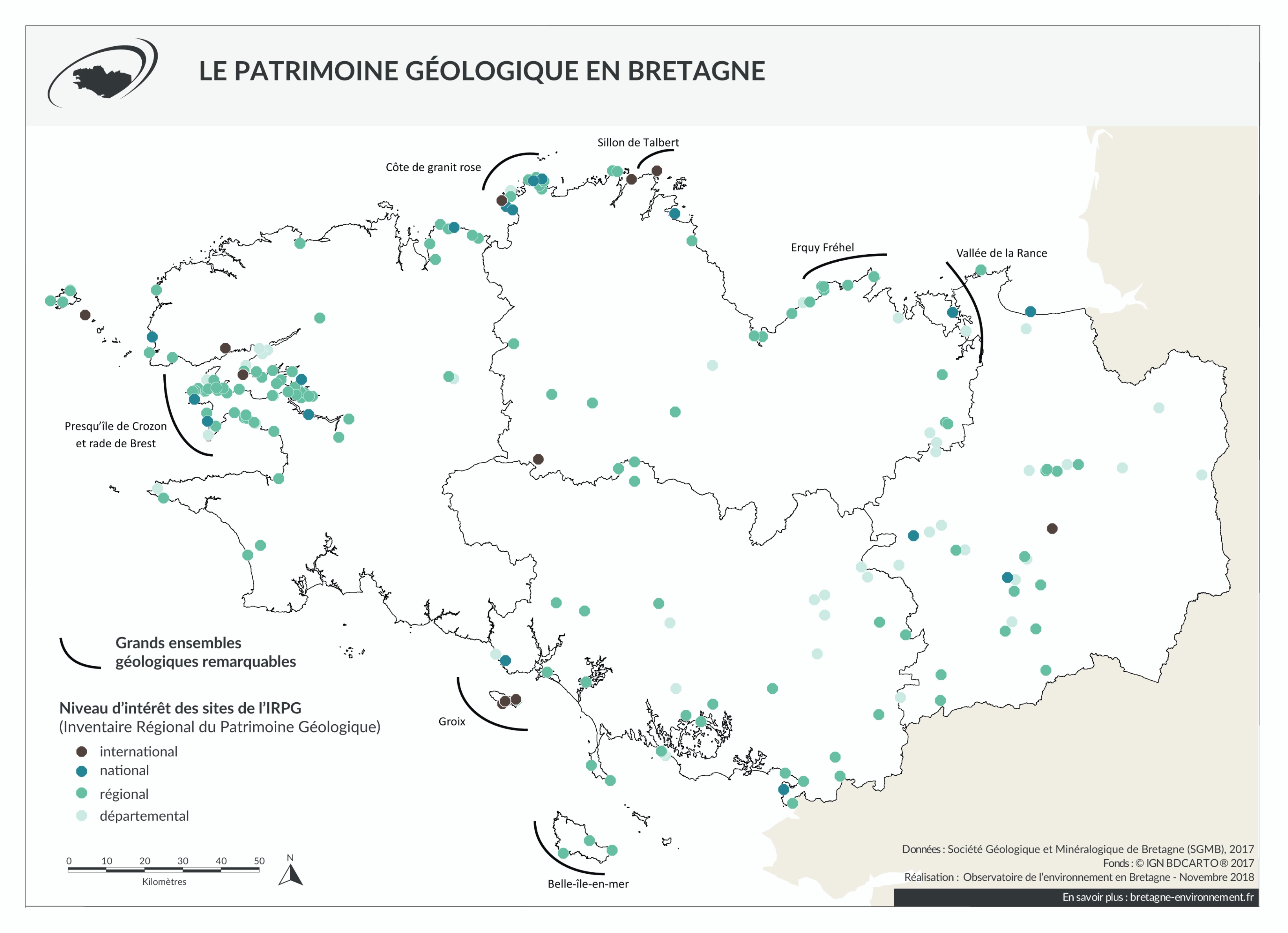 Les grands ensembles géologiques remarquables et les sites de l'IRPG bretons