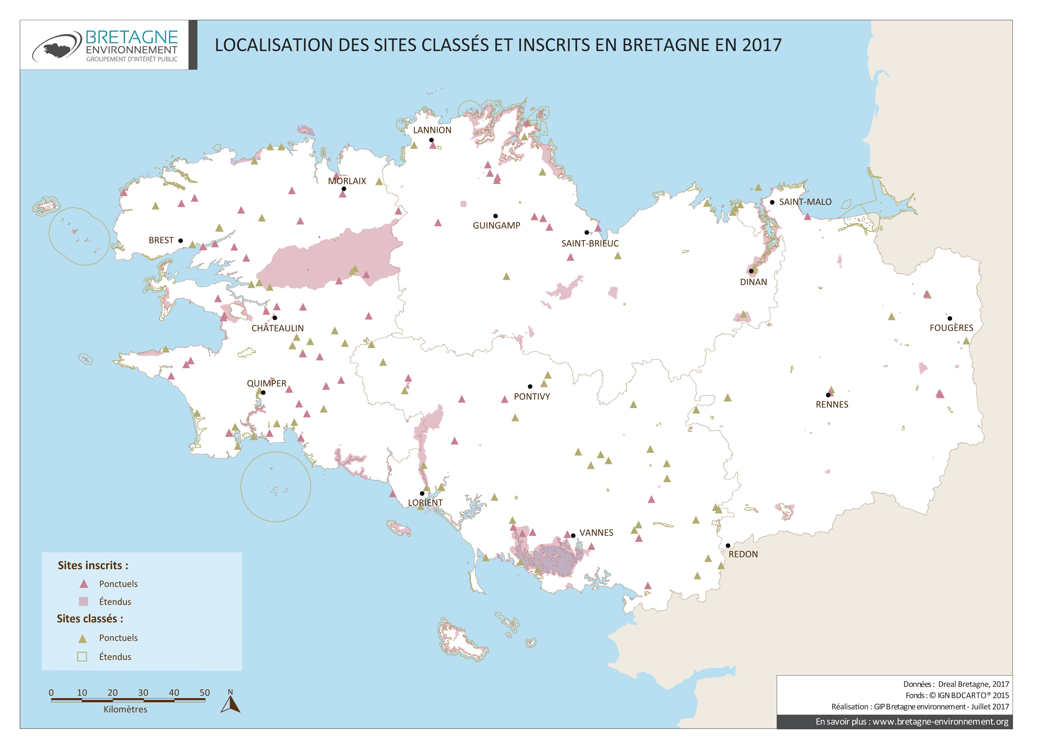 Sites classés et inscrits en Bretagne en 2017