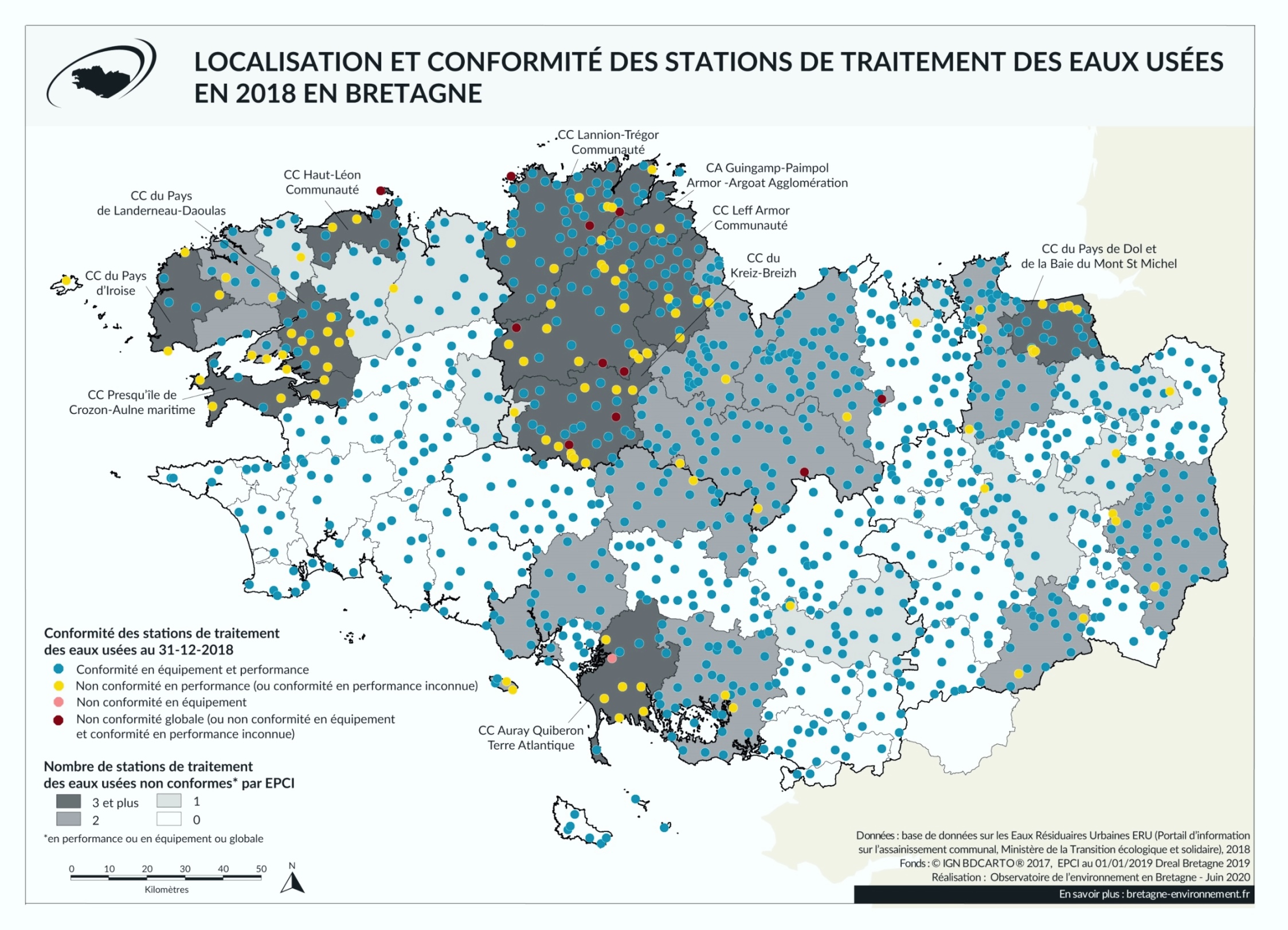 Localisation et conformité des stations de traitement des eaux usées en Bretagne en 2018
