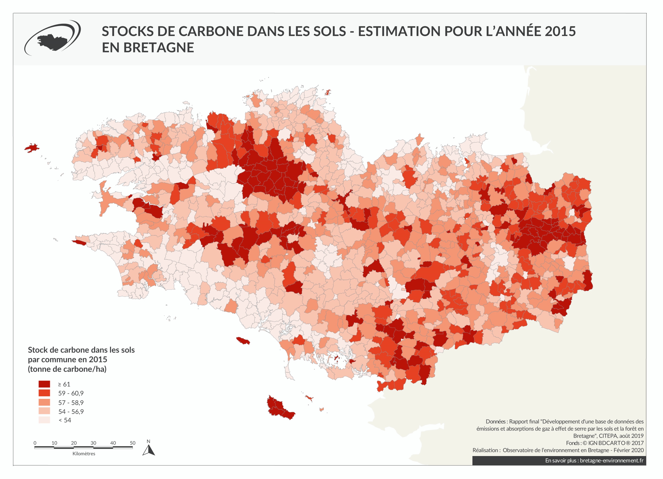Stocks de carbone dans les sols - Estimation pour l'année 2015 en Bretagne