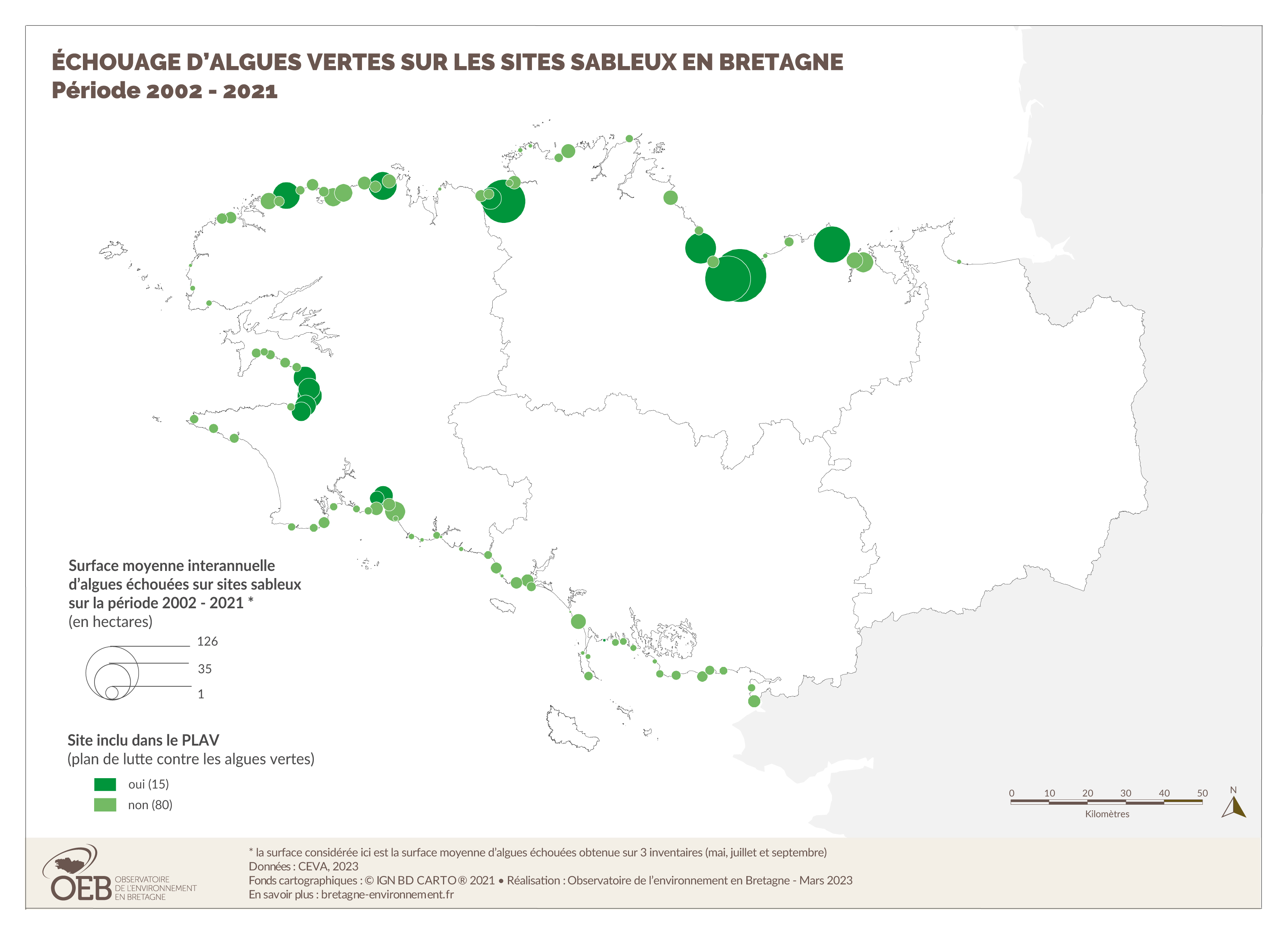 Échouage d'algues vertes sur les sites sableux en Bretagne - Période 2002-2021